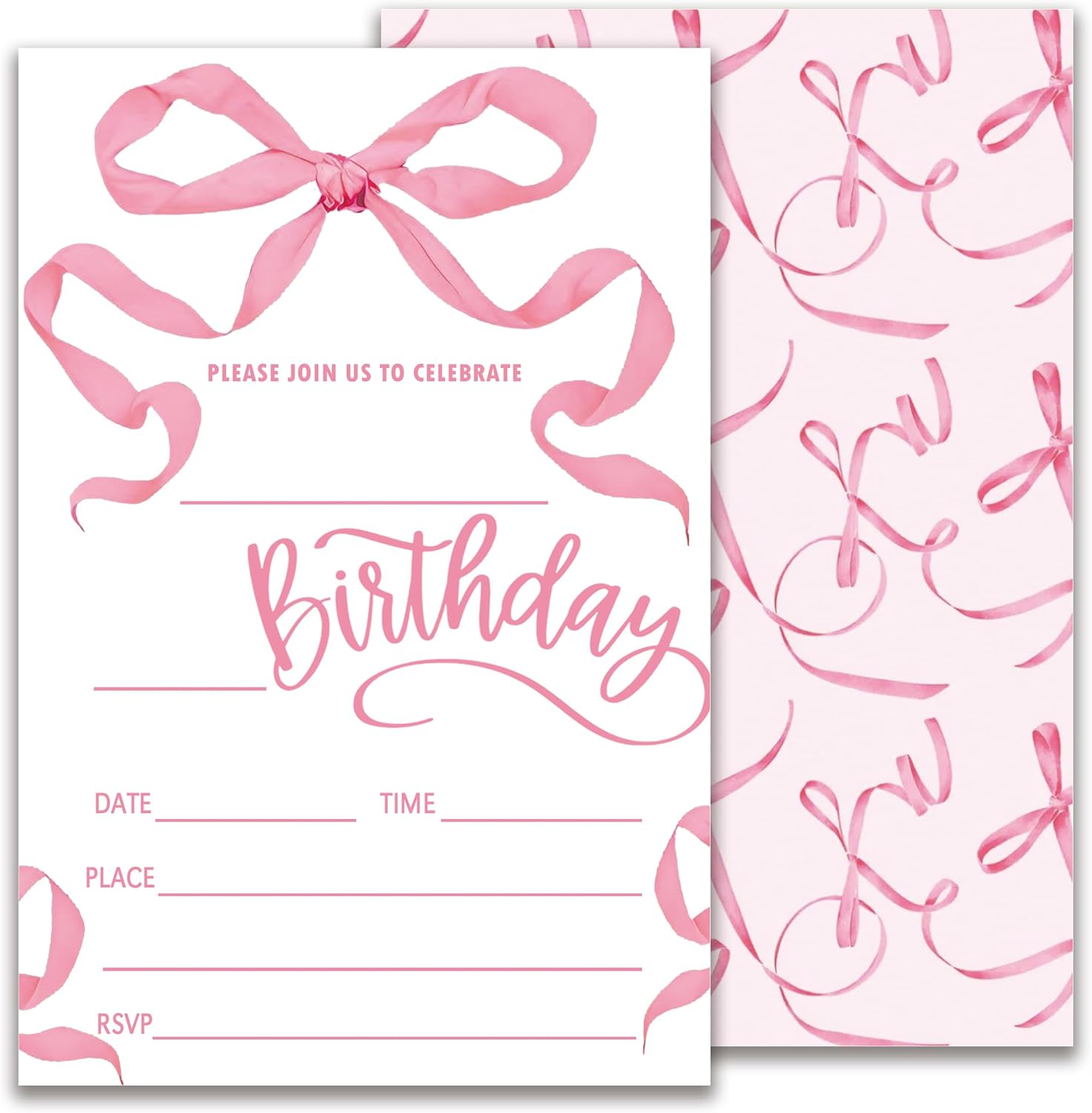 Pink Bow Birthday Invitation, Girls Party Invite, Retro Bday Invitation Cards, 20 Pink Double-Sided Fill In Invite Cards with Envelopes, Birthday Party Decorations 4x6 Inch-B18