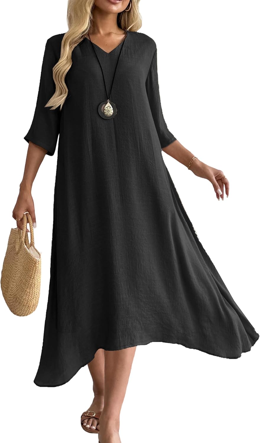 heipeiwa Women's Linen Dresses 3/4 Sleeve A-Line Casual Flowy Elegant Loose Vacation Formal Midi Maxi Dress