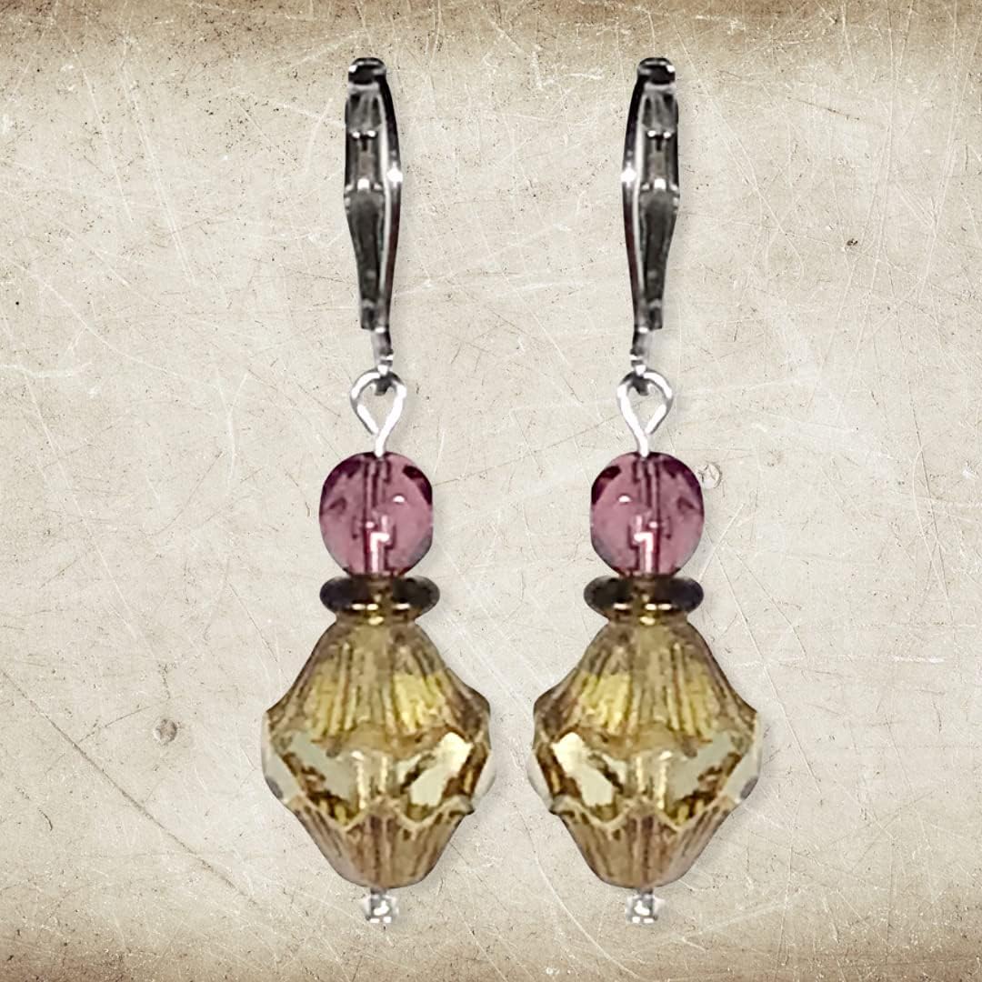 CariCat Designs Handmade Boho Chic Petite Czech Glass Amber Beading with Purple Glass Beading Accent Earrings