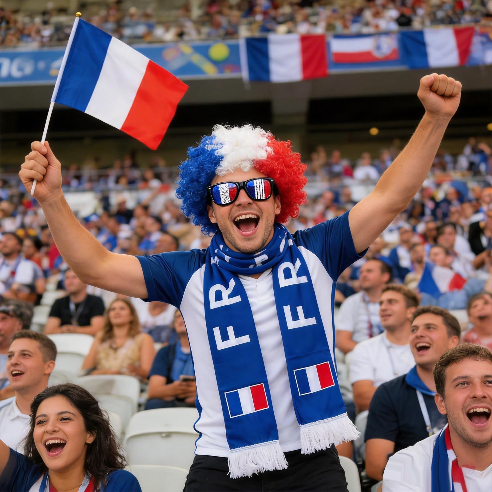 Kit Supporter France 7 Pièces, Football Accessoire avec Lunettes Écharpe Perruque et Drapeau pour Coupe du Monde 2026 Fête Garçons Filles au Stade