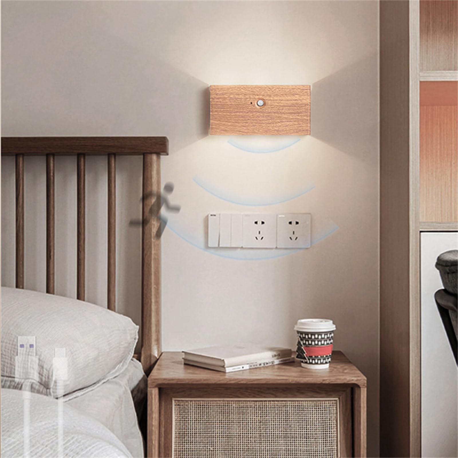 Applique da Parete a LED per Interni, Luce Notturna Ricaricabile con sensore di Movimento, Lampada da Parete per Scale, Soggiorno, corridoio (Colore Legno Chiaro Wh