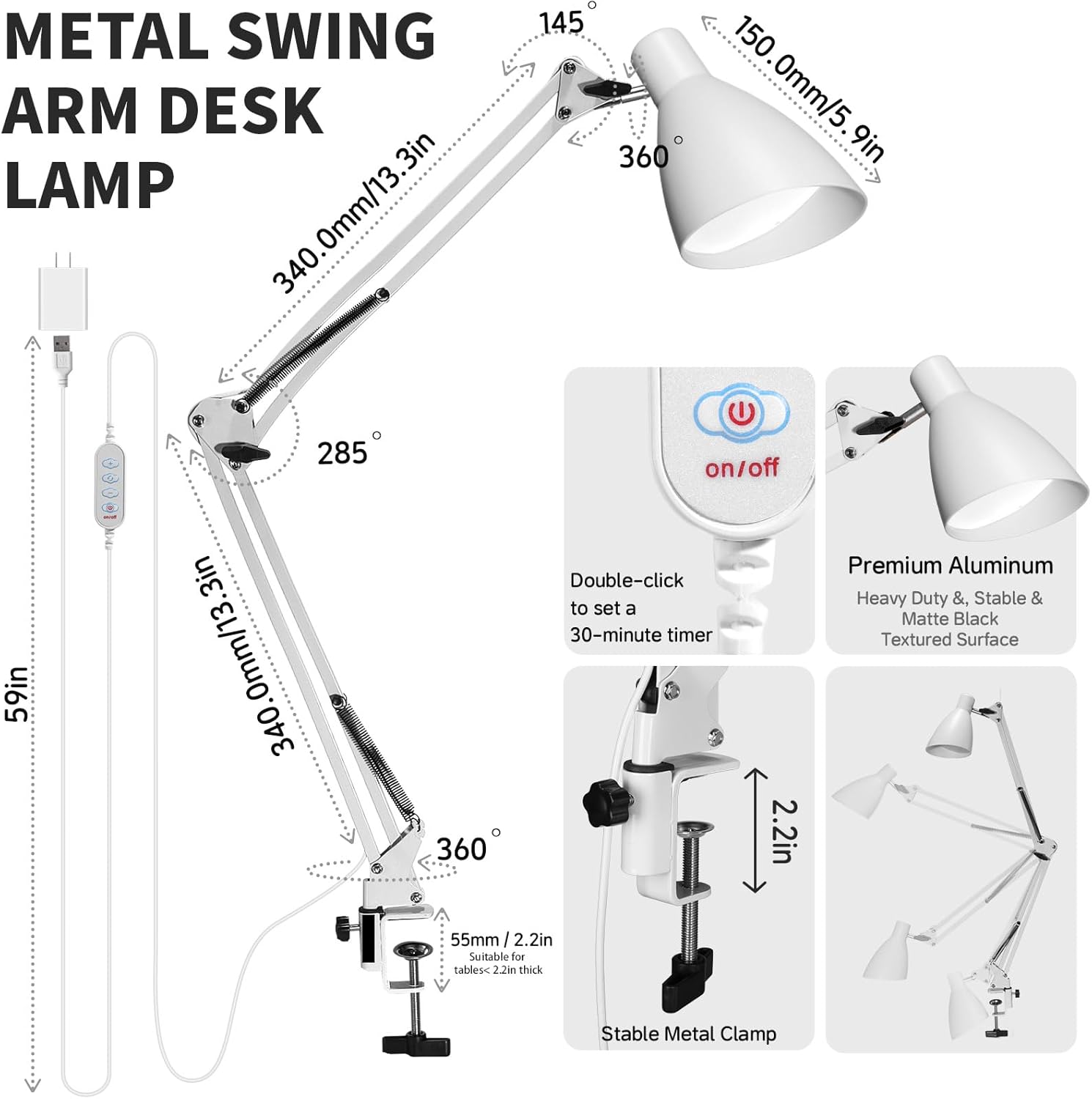 Led Desk Lamp for Home Office - Adjustable Gooseneck Table Stand with Clamp 5 Color Modes and 10 Brightness for Architect Puzzle Light Reading Craft Computer Work Study Sewing(White)