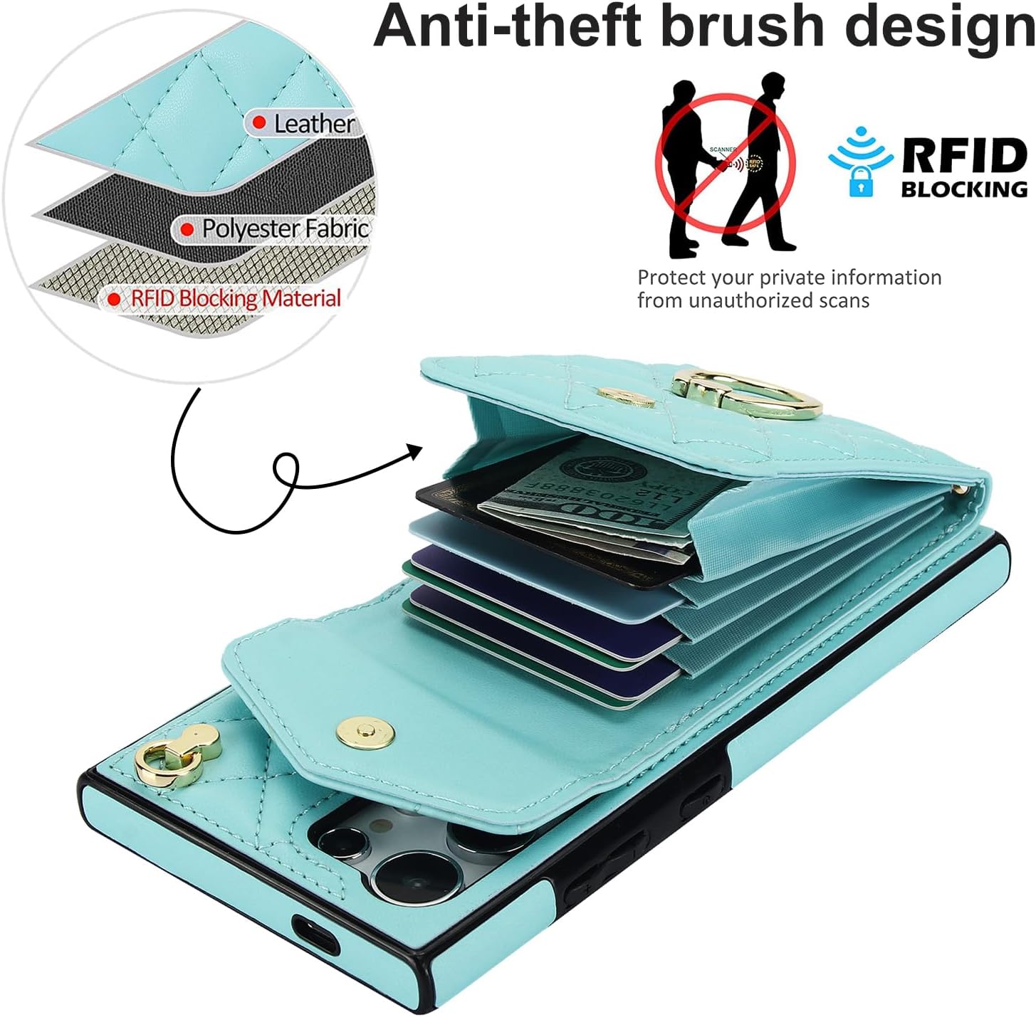 Asuwish Phone Case for Samsung Galaxy S25 Ultra 5G Wallet Cover with Tempered Glass Screen Protector and Crossbody Wrist Strap Ring RFID Blocking Card Holder Cell S25Ultra 25S S 25 25Ultra Women Teal - Image 3