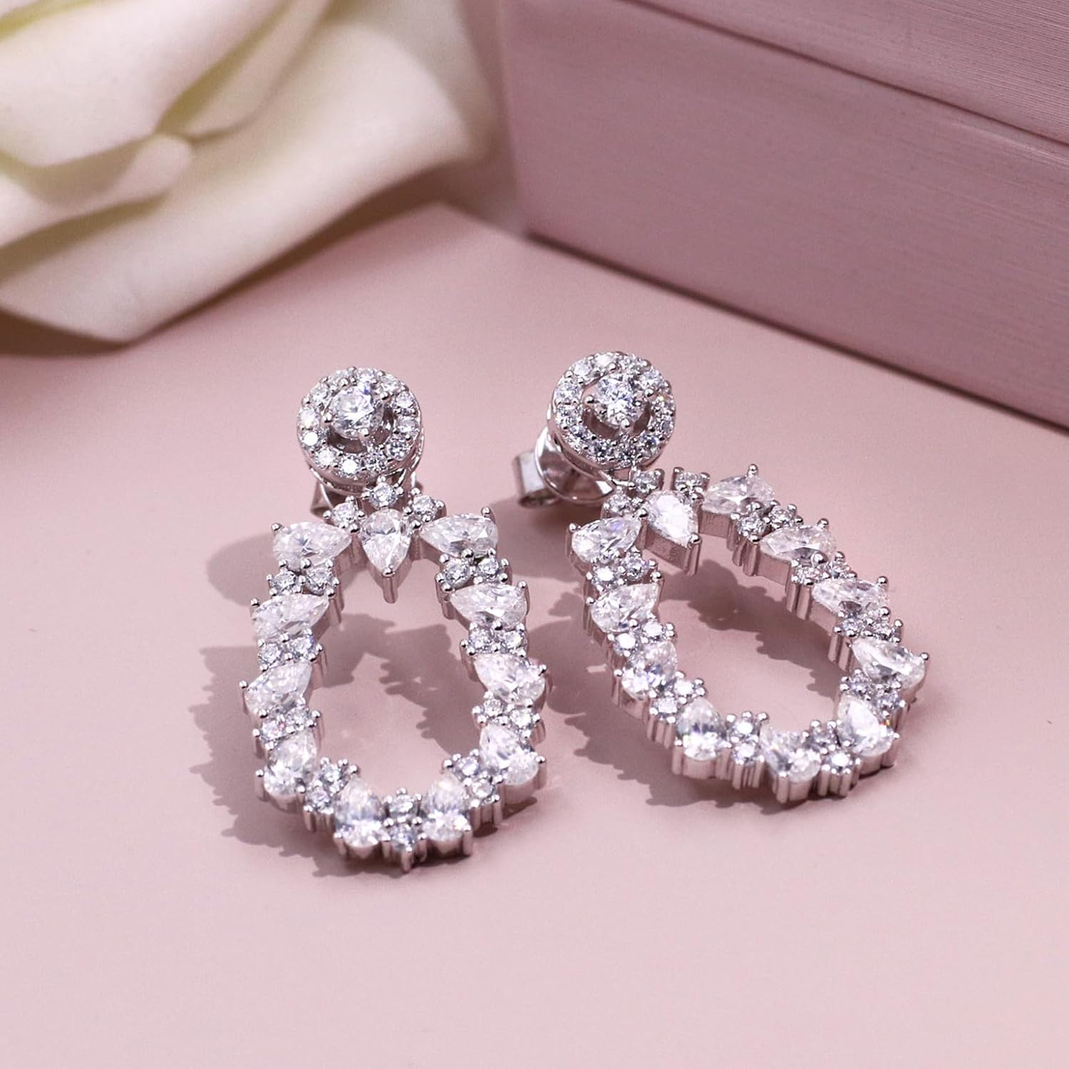 Moissanite Dangle Earrings for Women, Lab Created Diamond Drop Earrings, Sterling Silver Small Hoop Earrings with 18K White Gold Plated - Image 4