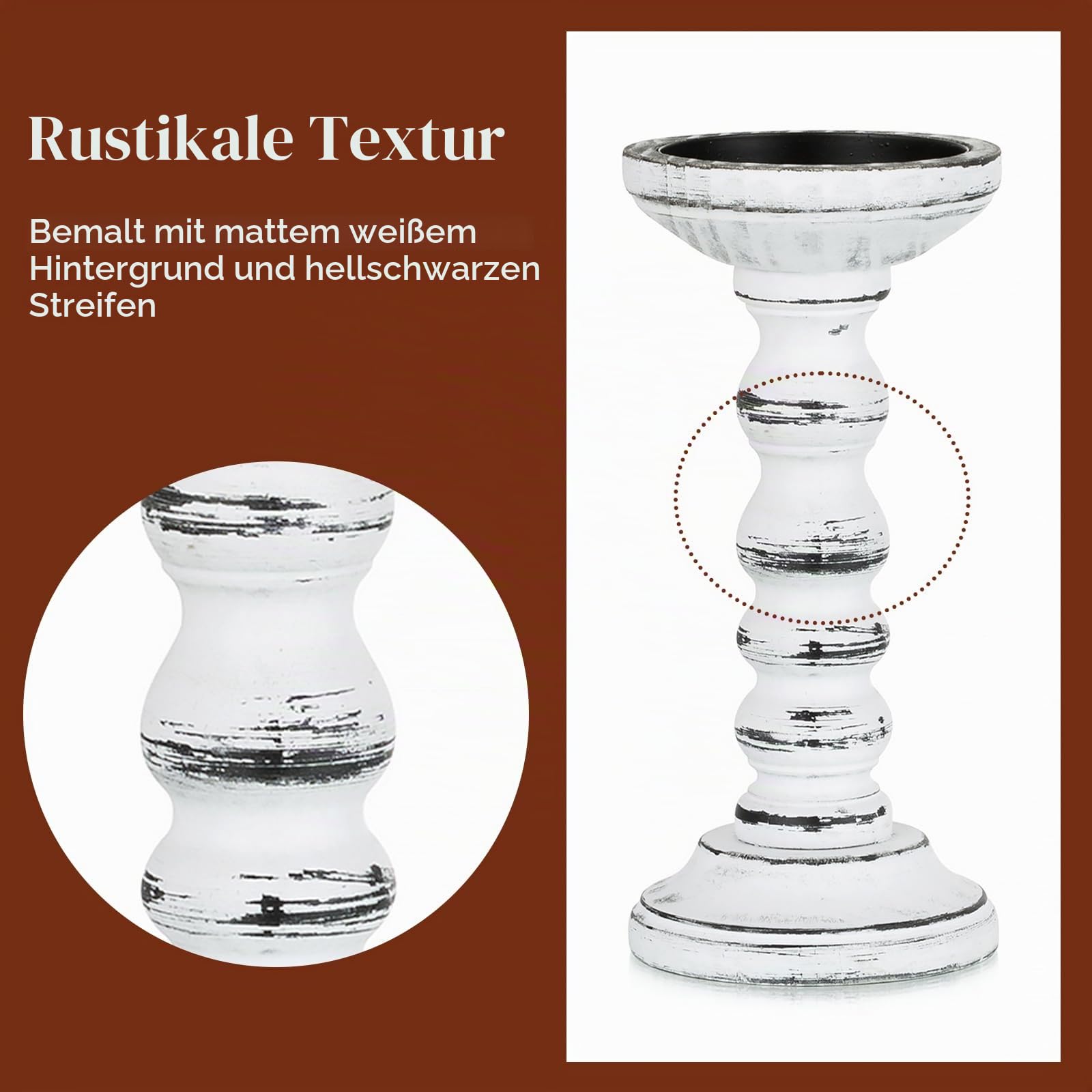 Candeldo Kerzenständer Holz Vintage Deko: 3 Stück Kerzenhalter Stumpenkerzen Wohnzimmer Tischdeko Groß Kerzenständer Dekoration Esstisch Weihnachten (schwarz + weiß)