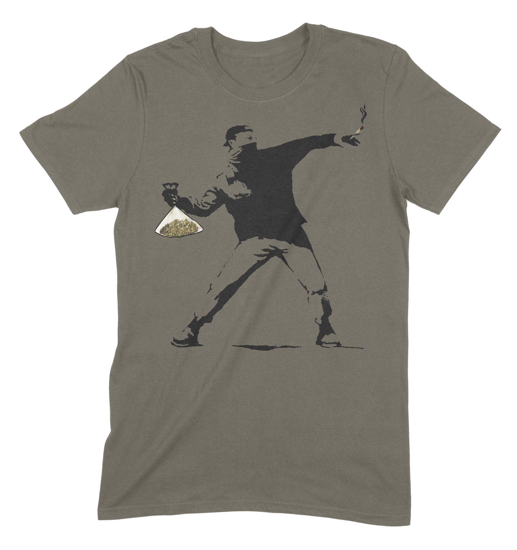 Banksy Weed Thrower Cannabis Flower Mens T-Shirt (XXL, Khaki)