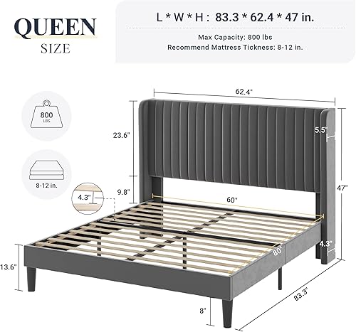 Miniatura 88 de Allewie Marco de cama de terciopelo de tamaño matrimonial, cabecera capitoné vertical con respaldo de ala, plataforma tapizada, listones de madera