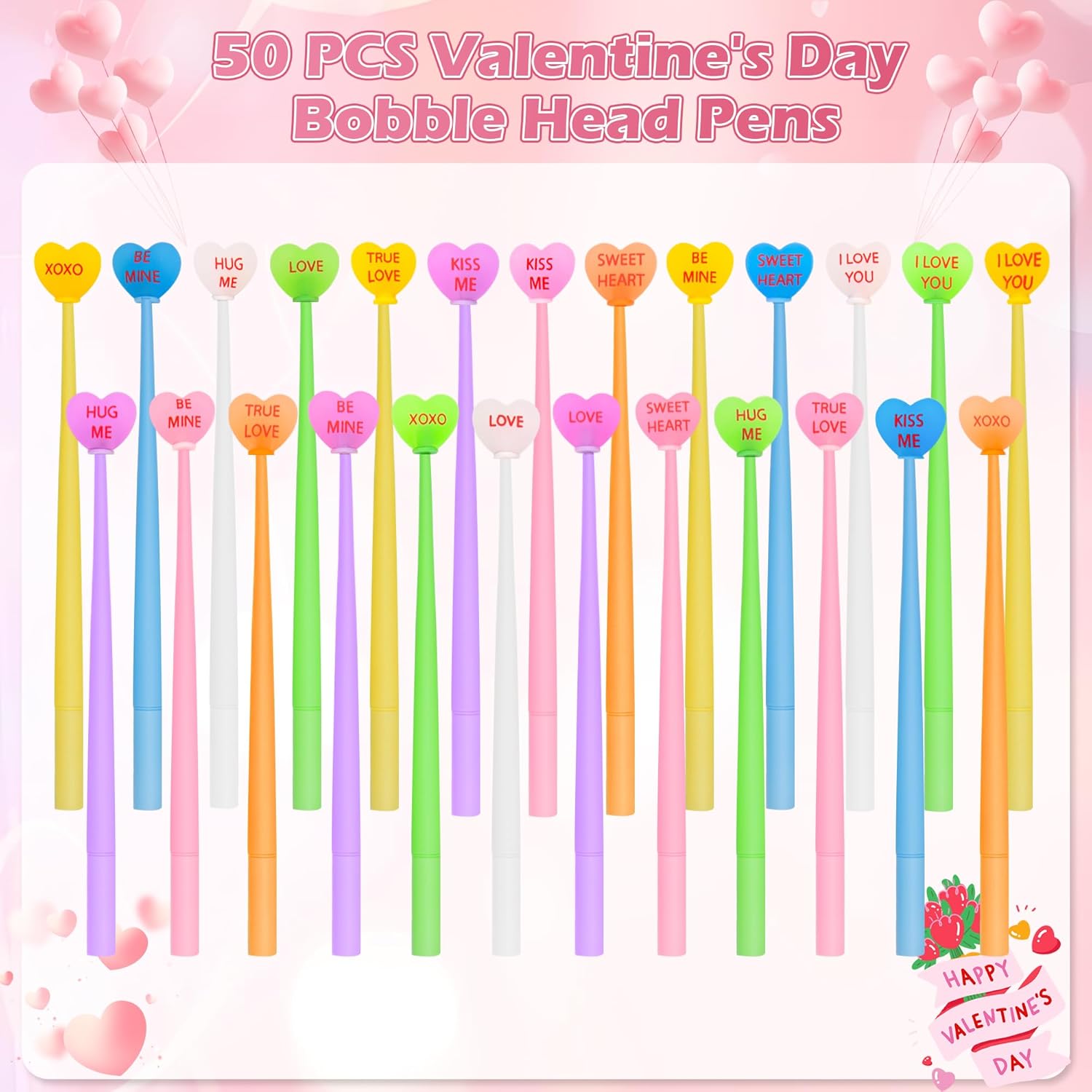 LiYiQ 50 PCS Valentine's Day Conversation Stress Relief Bobblehead Pens Fun Cute Pen for kids Fidget Pens Kawaii Be Mine Kiss Me Love Conversation Pen for Classroom Prizes, School, Office Supplies