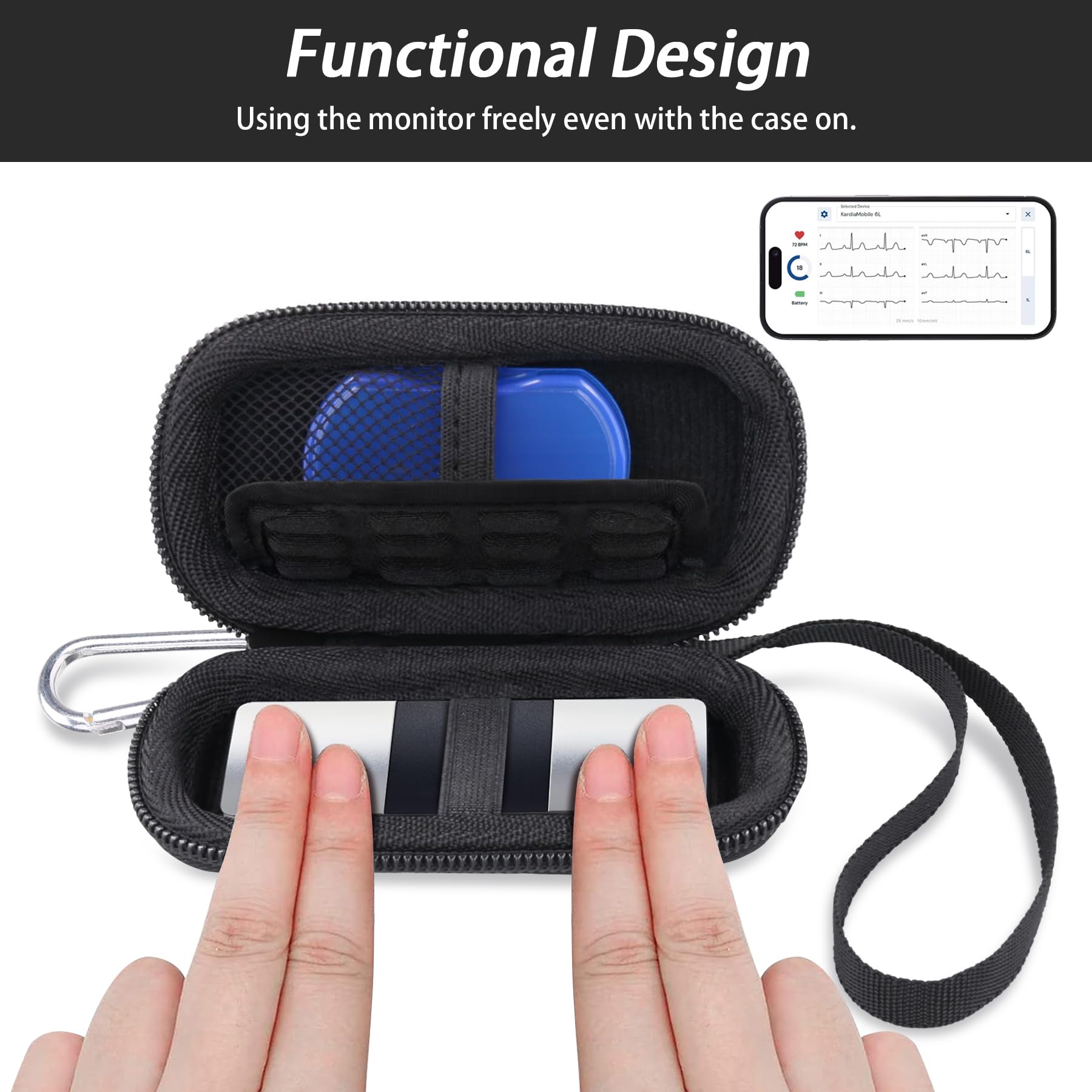Khanka Estuche rígido para monitor cardíaco de ECG KardiaMobile 6L/1L,funda compatible con el monitor cardíaco personal Kardia de 6/1 derivación con mosquetón y cordón (no incluye pastillero ni ECG)
