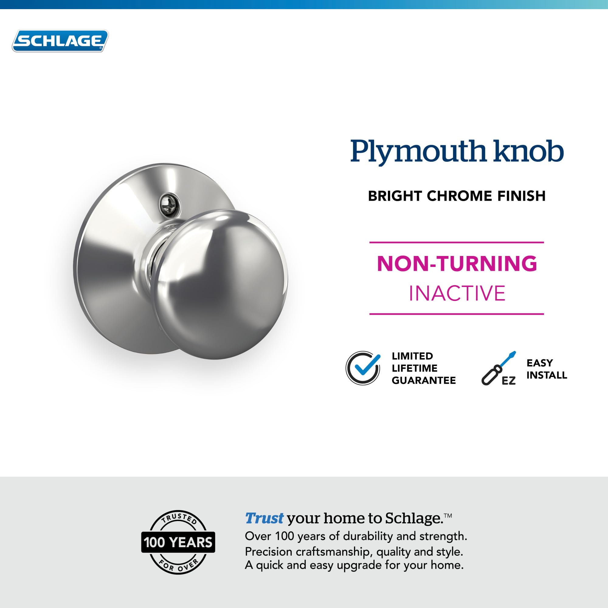 SCHLAGE Plymouth Knob Non-Turning Lock, Bright Chrome (F170 PLY