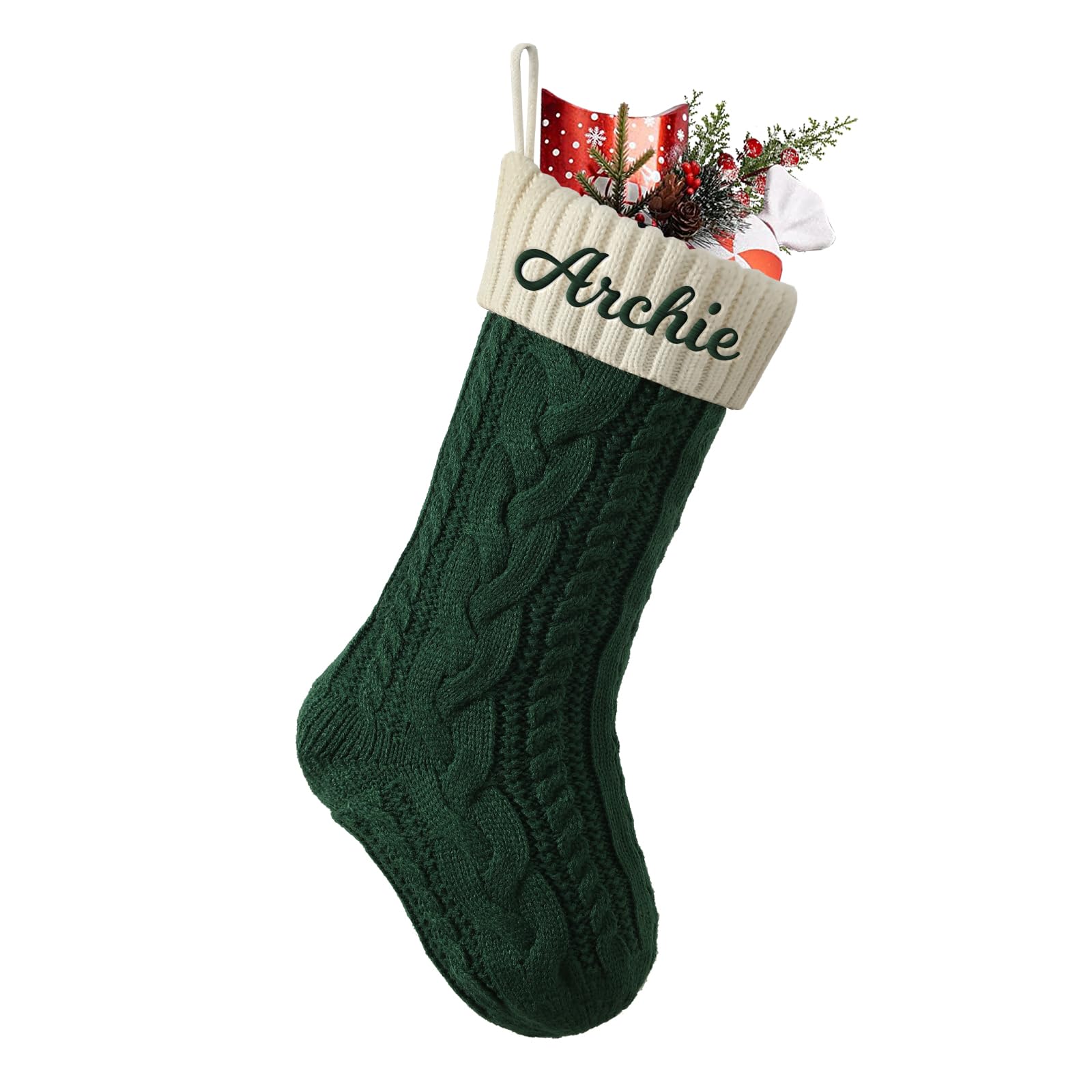 Cysincos Personalized Christmas Stockings Custom Name Christmas Stockings 18" Large Knitted Xmas Fireplace Hanging Stocking, Stocking for Party Decoration,Dark Green (Body) / Ivory White (Mouth) — image 1