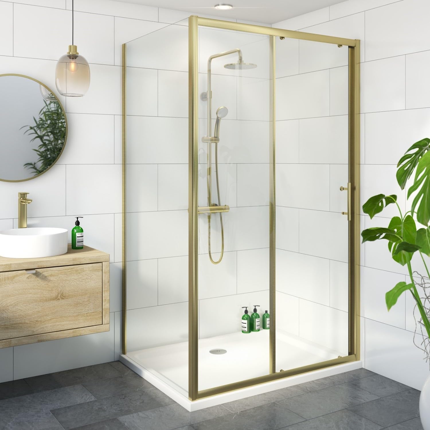 Luxura Brushed Brass Luxura® 1400 X 700Mm Sliding Shower Enclosure Door Screen For Wet Room Cubicle Enclosures, 6Mm Toughened Safety Glass, Framed, Reversible,