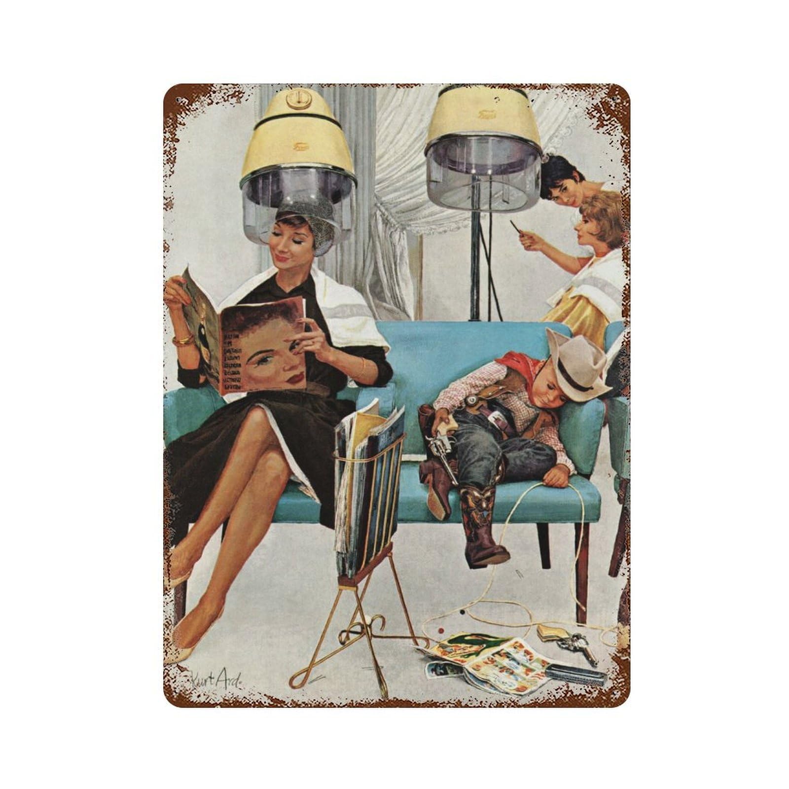 At The Hairdressers Aged Metal Wall Plaque 15.7"x11.8", Old School Wall Decor for Garage, Bar And Workshop Decor