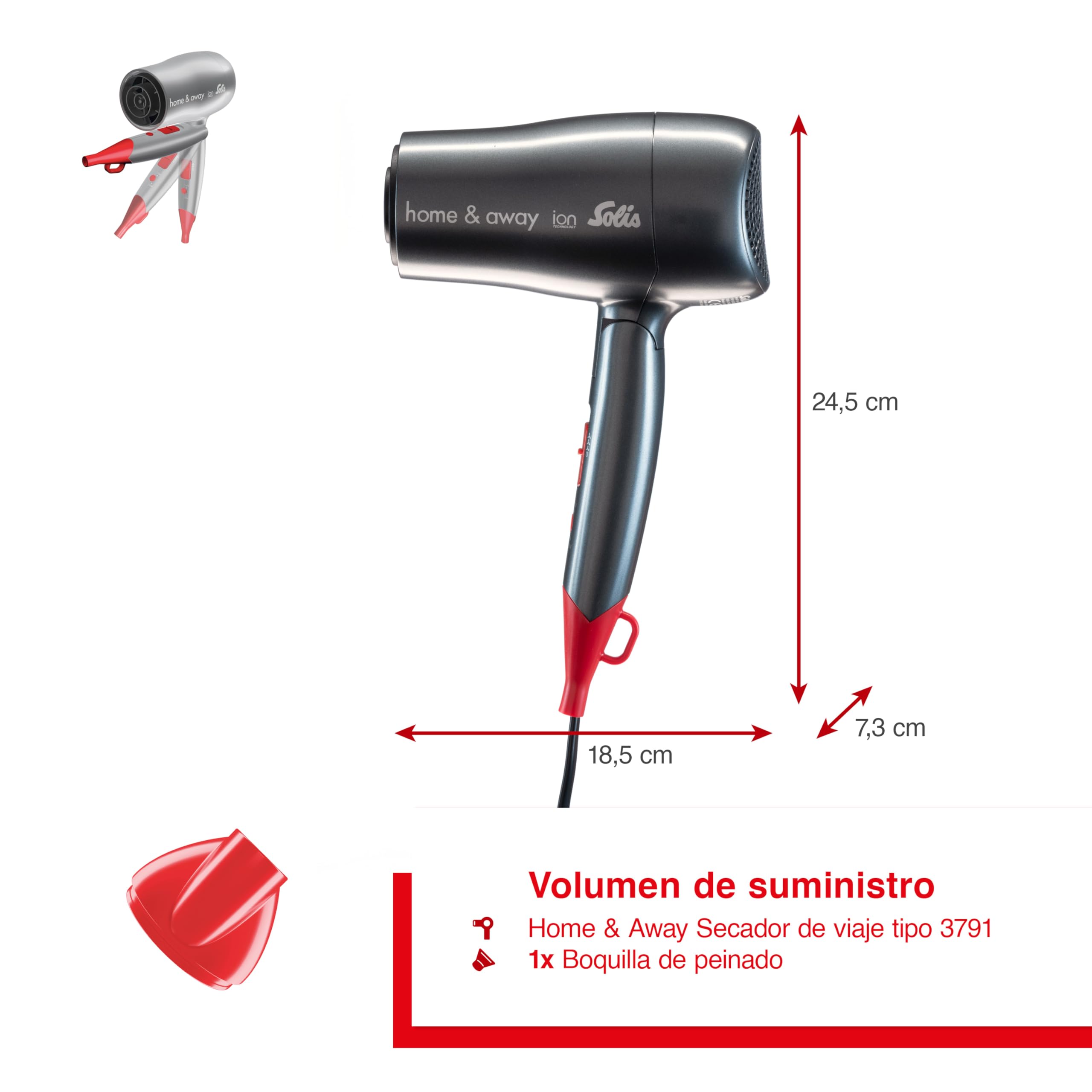 Solis Home & Away Reise-Haartrockner, Anthrazit/Rot, 1800 Watt