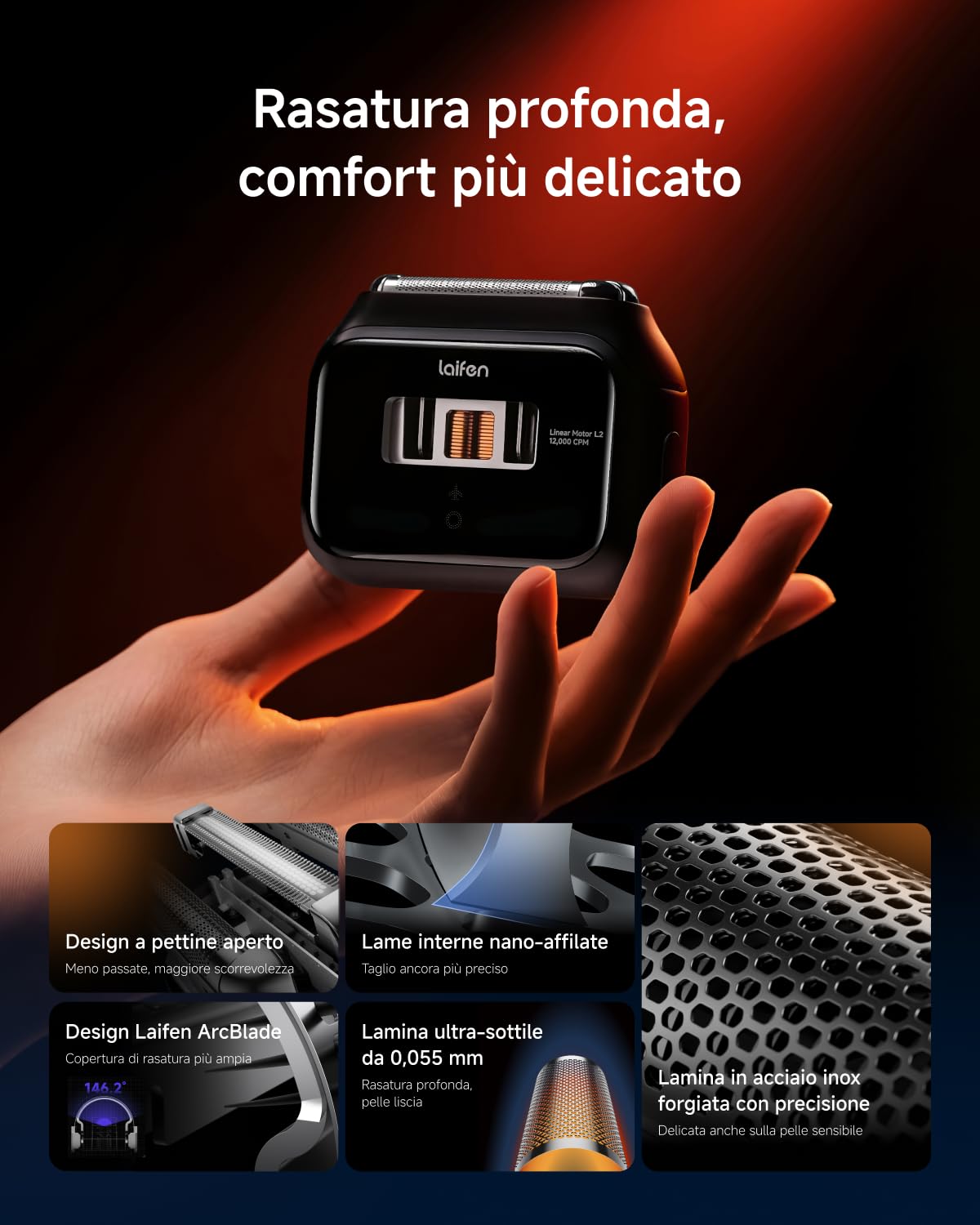 Laifen P3 Bundle Rasoio Elettrico a Lamina a 3 Lame con Accessori, Nero | Motori Lineari 2×12.000 Tagli/min., Rasatura a Secco e a Umido, Lamina 0,055 mm, Batteria 100 min, USB-C, IPX7