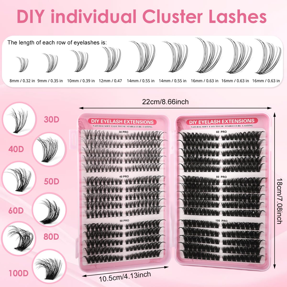 MAYCREATE® 540PCS Lash Clusters Cluster Eyelash Extensions D Curl Natural Wispy Eyelash Clusters Mega Volume Reusable Individual DIY Lashes Super Thin Band and Soft