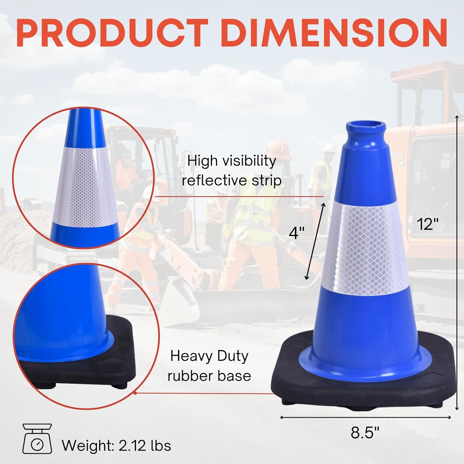 4 Pack 12" Blue Traffic Cones with Reflective Stripe, Flexible PVC Traffic Safety Road Cones with Heavy-Duty Rubber Base for Parking Lot, Construction Safety