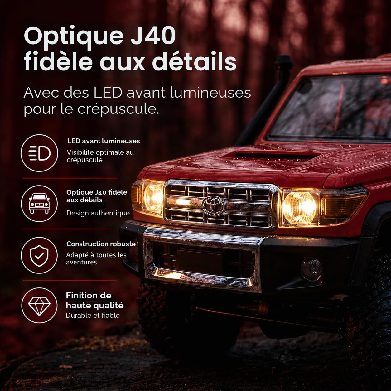 Toyota Land Cruiser | Voiture télécommandée RC 1:12 | 4WD Crawler Pickup | Commande 2,4 GHz 100 m | Lumière LED | Li-Ion 7,4 V 500 mAh 30 min | Kit complet RTR tout-terrain (Rouge)