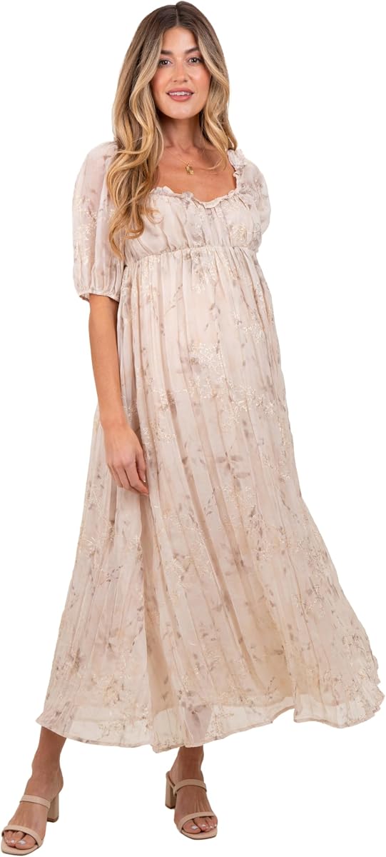 Floral Chiffon Embroidered Ruffle Trim Maternity Maxi Dress