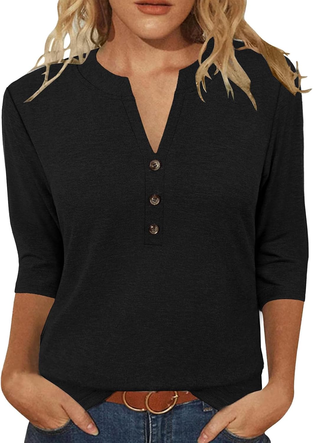 Women's Tops 3/4 Sleeve V Neck Button Down Henley Shirts Business Casual Outfit Basic Tees Summer Top