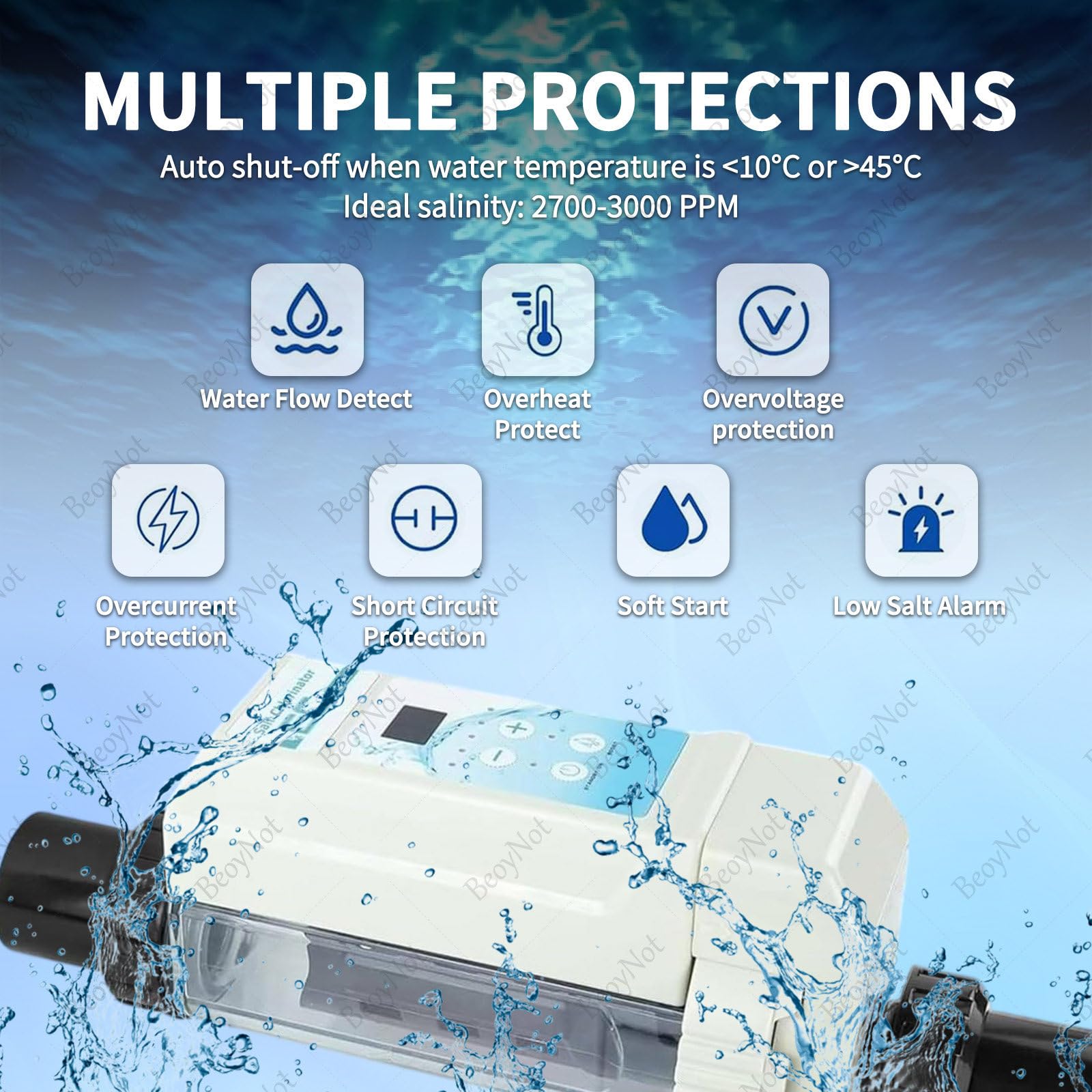 Generador de Cloro salino, con celda de Titanio, para Piscinas de hasta 35 m³/50 m³/68 m³/85 m³, Pantalla Digital y función de autolimpieza 8g/H≤35m³