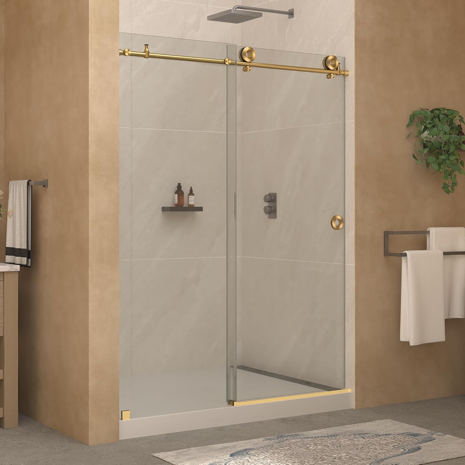 56-60 in.W × 76 in.H Shower Door, 1/4 in (6mm) Frameless SGCC Tempered Glass Explosion-Proof Film, Big Donut Single-Sliding Shower Door, Installed Left and Right Shower Enclosure, Brushed Gold