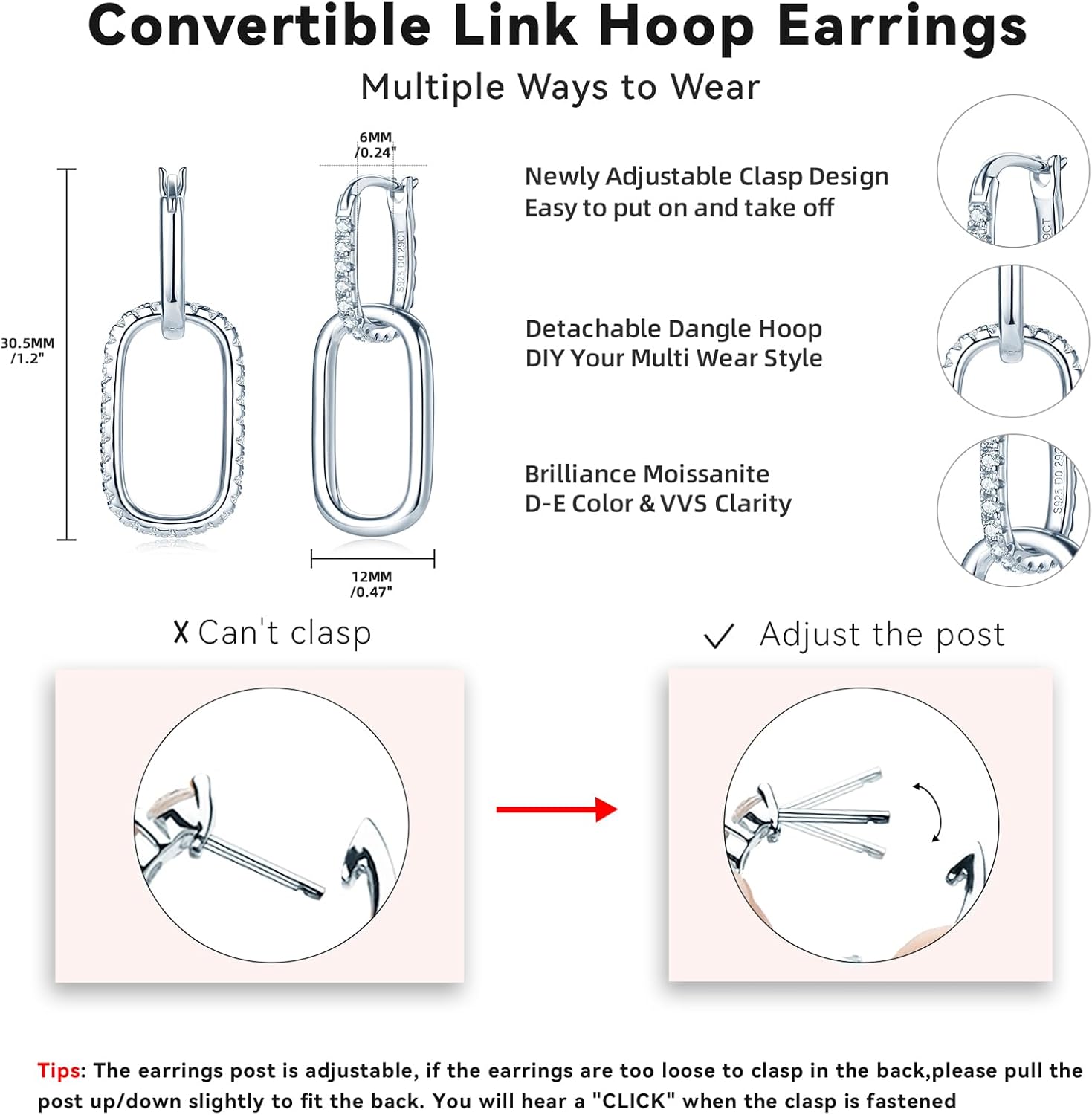 AINUOSHI Convertible Paperclip Link Earrings for Women Freedom Mixing and Matching Statement Pieces Huggie Hoop Rectangle 925 Sterling Silver Moissanite Dangle Drop Earrings set