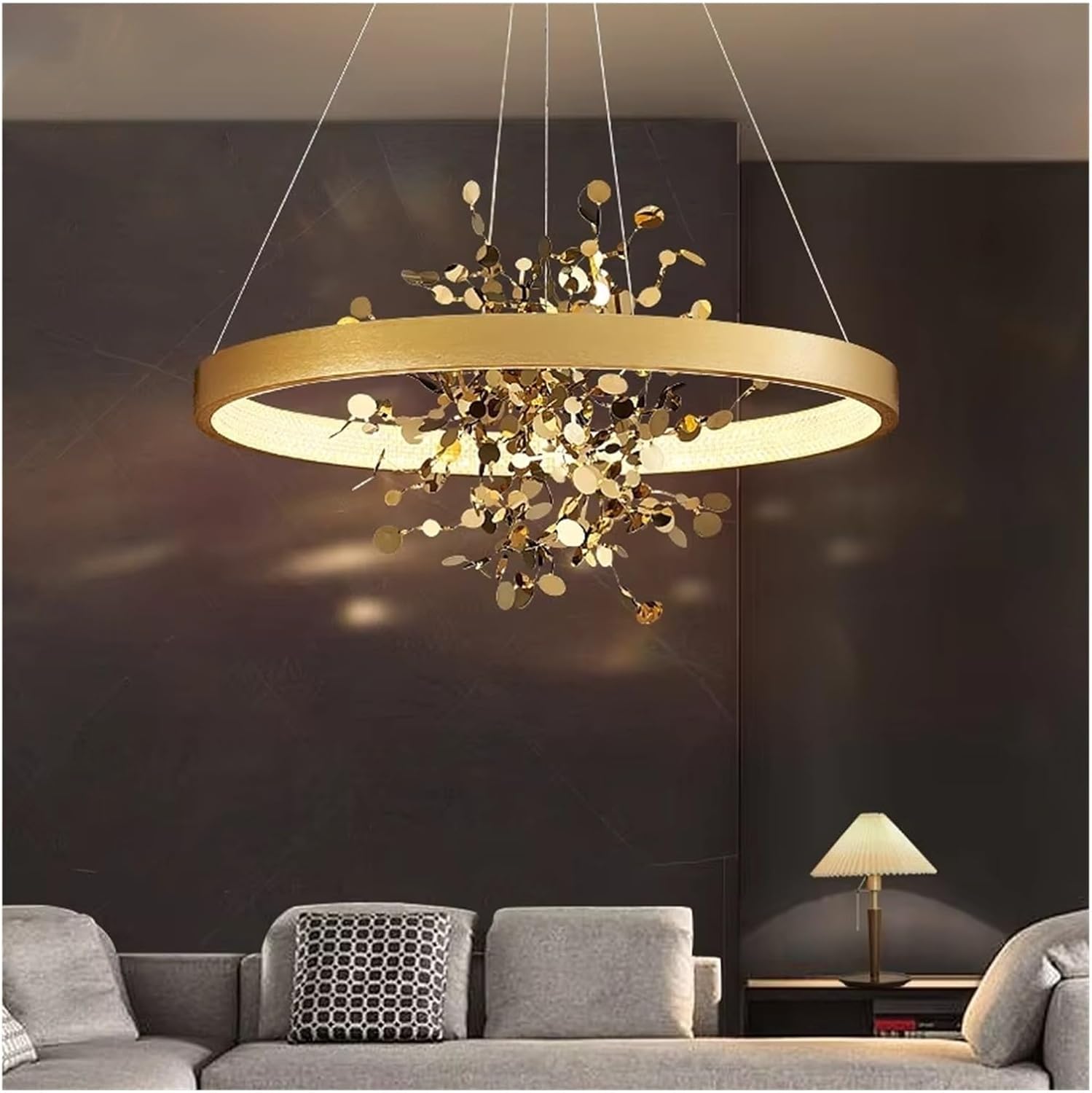 Modern Gold Ceiling Chandelier for Dining Room Copper Round Ring Pendant Lights for Cloth Store Coffee Room Decor,Modern Lighting(Tricolor Light,60cm)