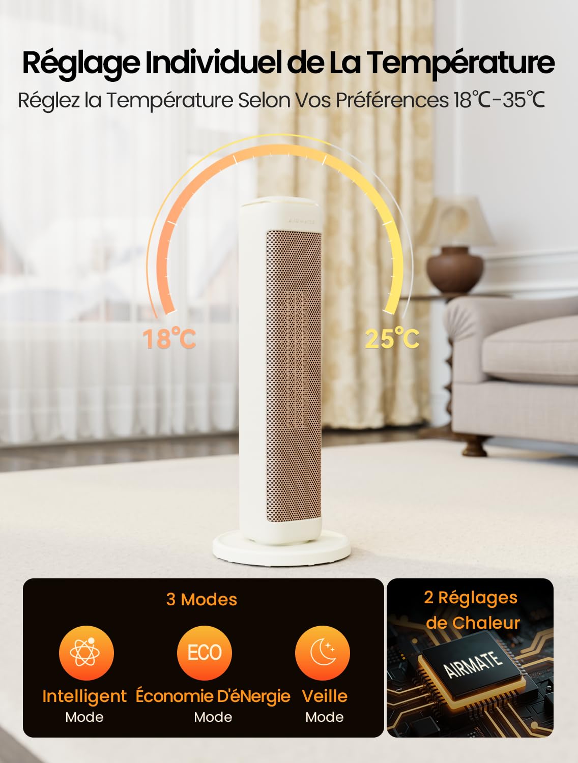 AIRMATE Chauffage d'appoint de Grande Pièce de 63cm, Chauffage Electrique de 2000W, Chauffage Soufflant en Céramique PTC économique, Radiateur Electrique, Radiateur Soufflant,Télécommande