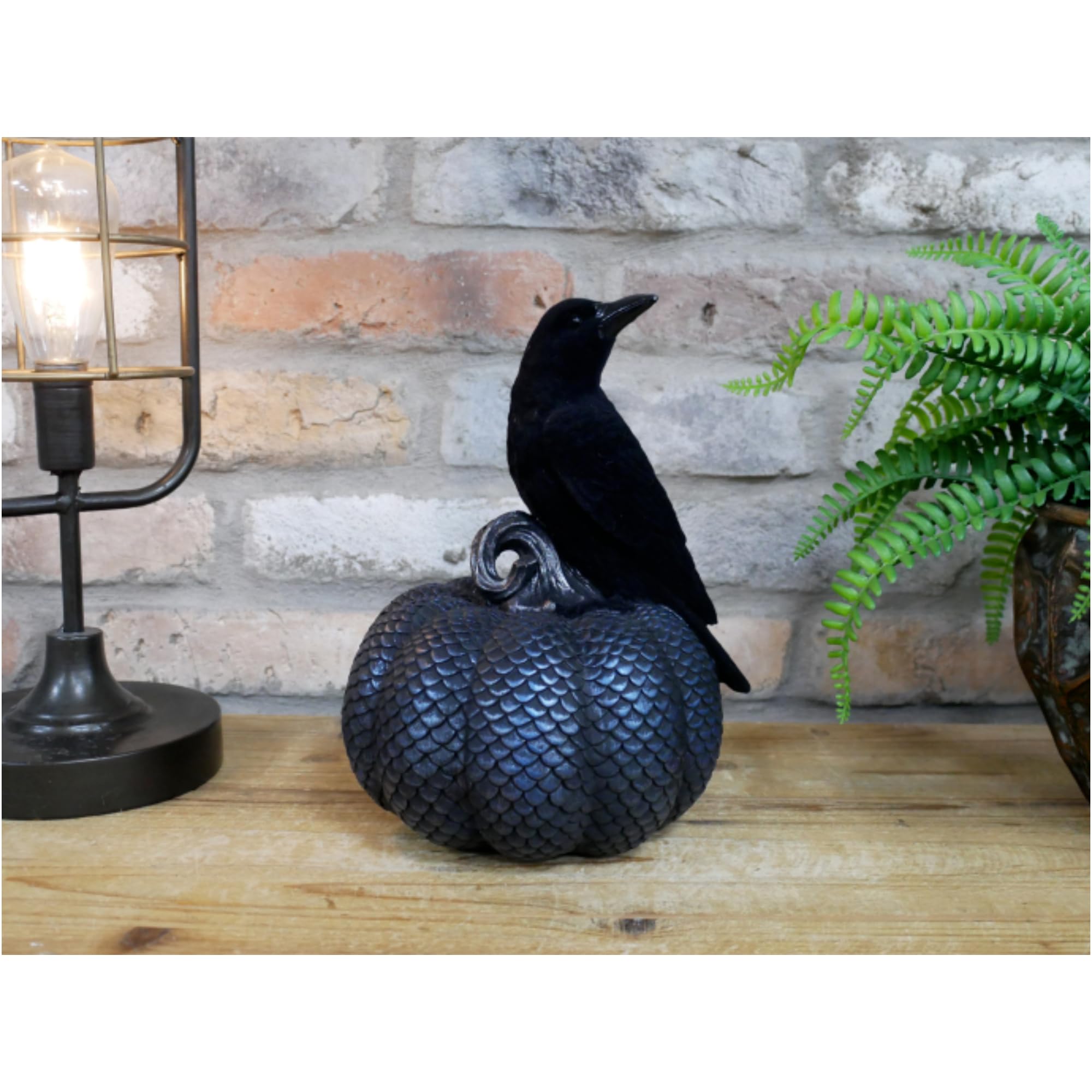 Fyne-Finds Black & Blue Black Resin Crow On Pumpkin Statue Figurine Spooky Halloween Autumn Shelf Sitter Decorative Ornament