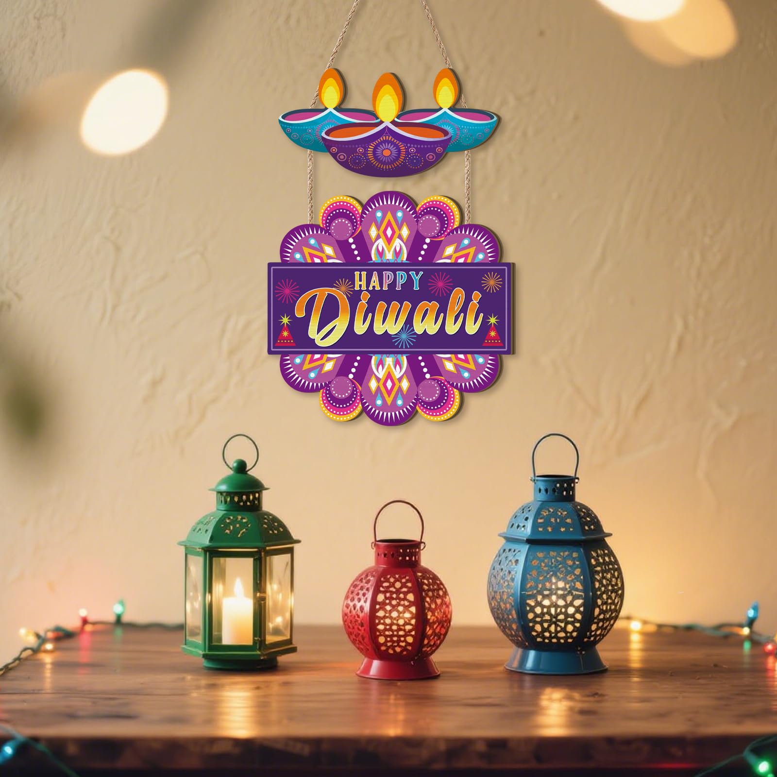 Aurlan Letrero de puerta Happy Diwali, decoración de madera para fiesta de Diwali, festival de luces, placa de pared temática Deepavali, decoración de puerta Diyas, letrero colgante de madera Dewalee