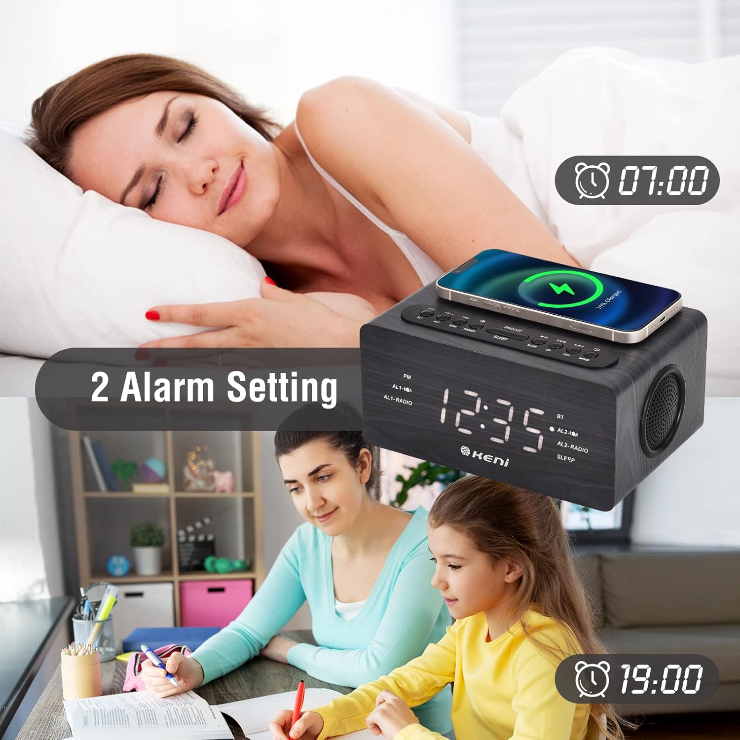 Image showing the G Keni K-2993W alarm clock with two alarm settings, one for morning wake-up and another for an evening reminder.