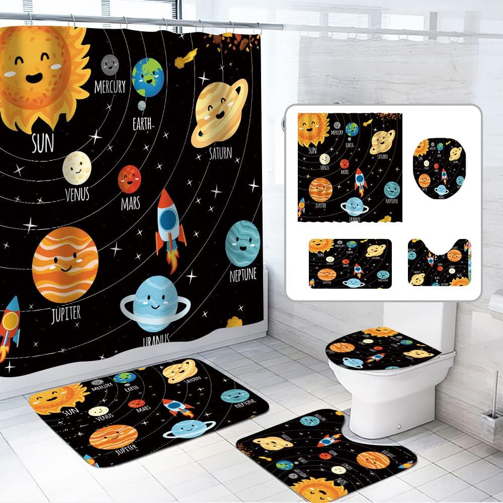 4 Pcs Cartoon Nine Planets Shower Curtain Sets for Bathroom Accessories with Non-Slip Rug Toilet Lid Cover and Bath Mat Universe Galaxy Solar System Shower Curtain Sets Decor…