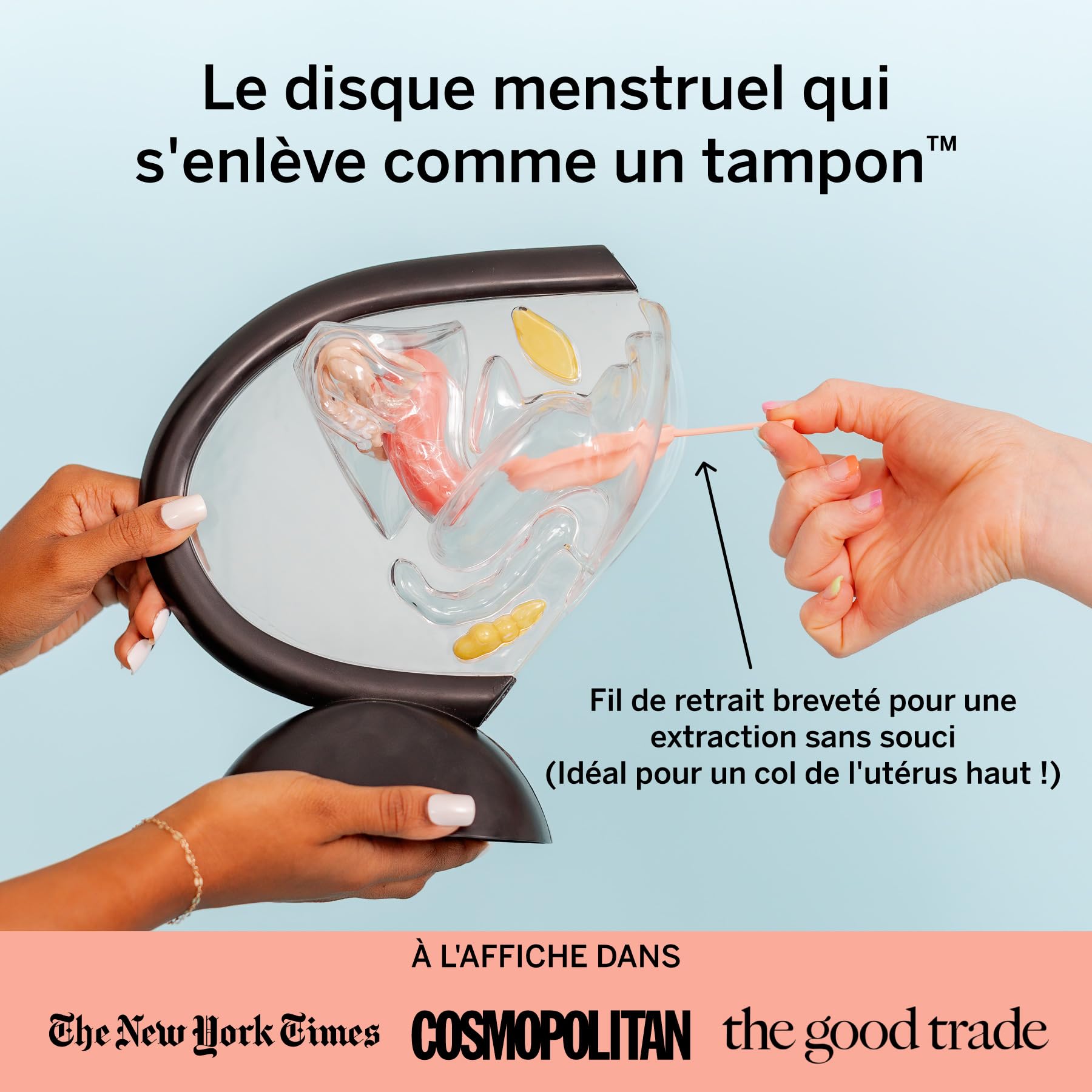 2 disques menstruels réutilisables en silicone médical 100% – Sans métaux ni toxines – Classés n° 1 pour leur souplesse – S’insèrent/retirent comme un tampon – 12 h de port – Capacité 5 et 7 tampons