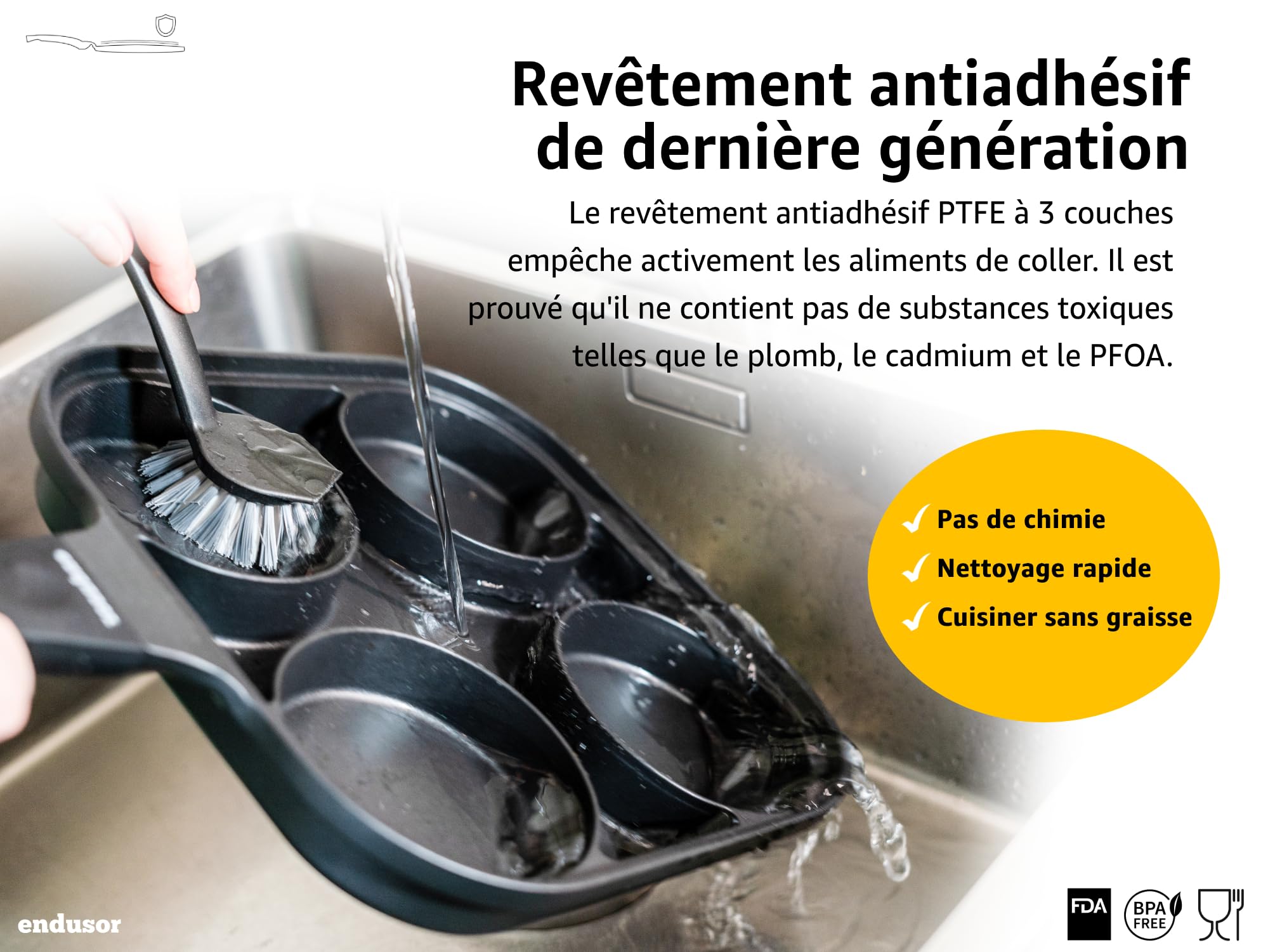 endusor Poele Pancakes et oeuf au plat - Poele de 27 cm adaptée à toute cuisinière + revêtement anti-adhésif & couvercle | Induction Gaz Céramique Électrique Halogène | 4 trous pour oeuf crêpe