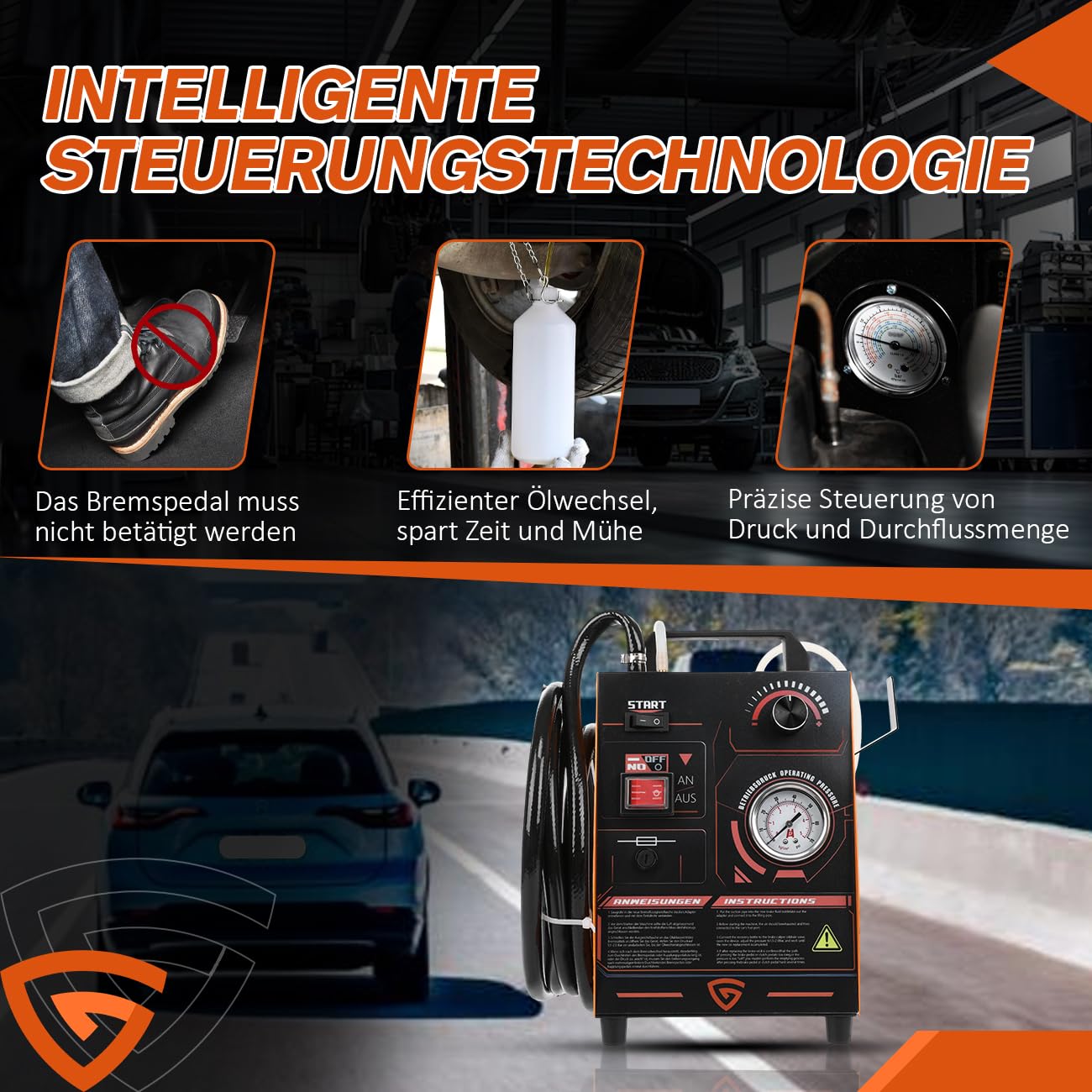 GEARMONSTER KFZ Bremsenentlüftungsgerät 220V Auto-Bremsenentlüfter mit Drucküberwachung Elektrisch Bremsenentlüftungsset Bremsflüssigkeitswechsel-Set, 0.5~2.5Bar Einstellbarer Druck