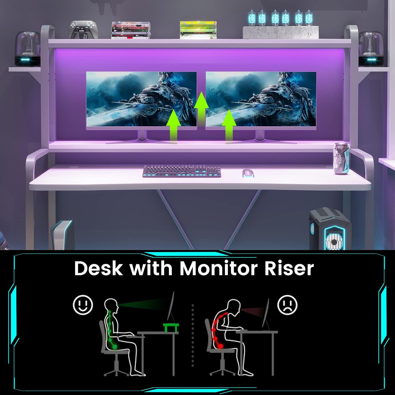 Diagram showing correct and incorrect posture with a monitor riser