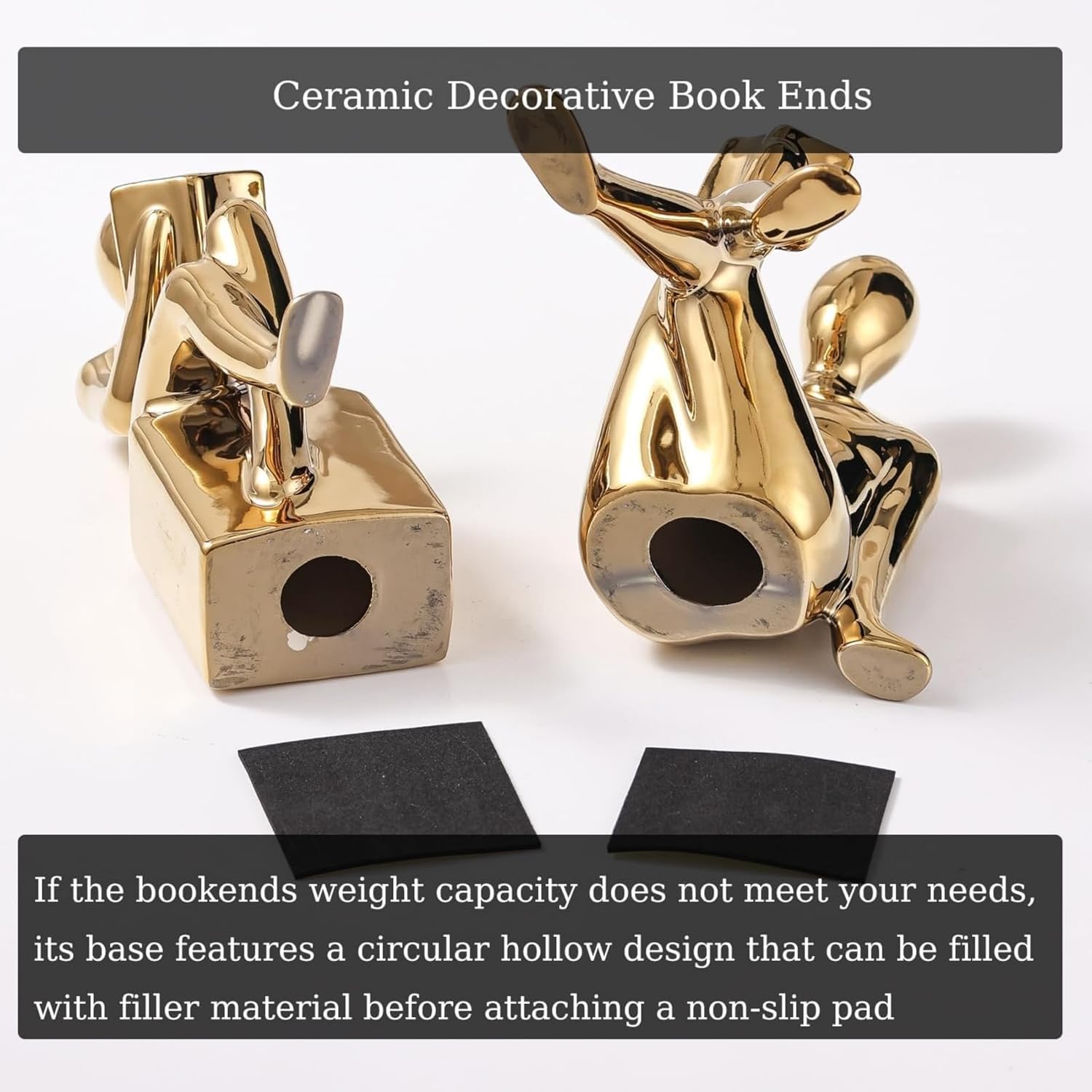Ceramic Decorative Gold Bookends Set of 2, Sturdy Stable Non-Slip for Books, Modern Abstract Sculptural Book Ends, Geometric Human Face Aesthetic Shelf Decor for Home Office Library