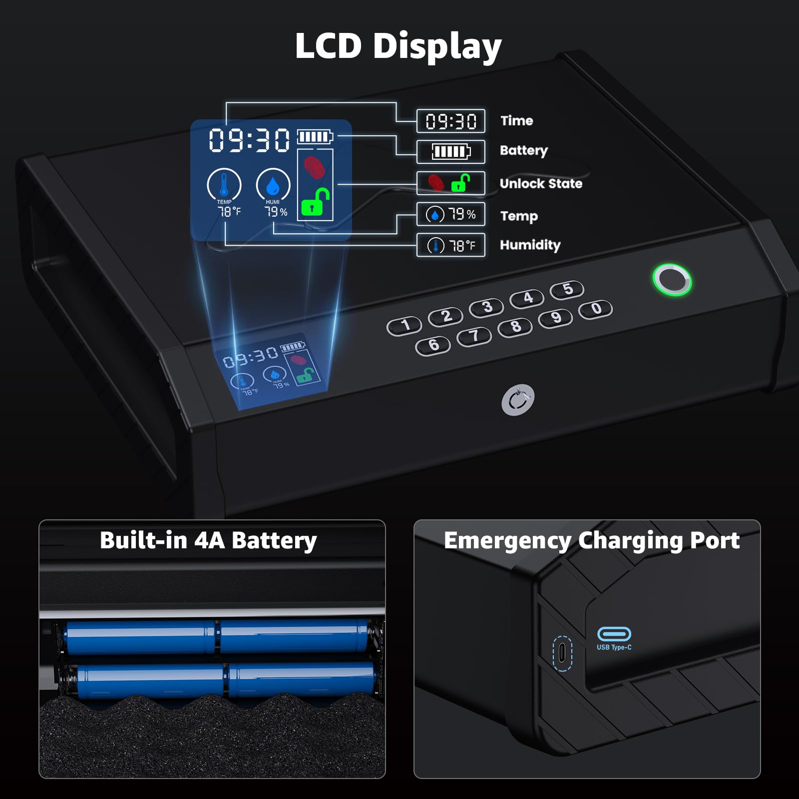 Casseforti per Armi, Cassaforte Biometrica per Pistola con Display LCD di Temperatura e Umidità, Porta USB, Cassaforte per Armi a 3 Vie di Accesso Rapido con Impronta Digitale per Comodino o