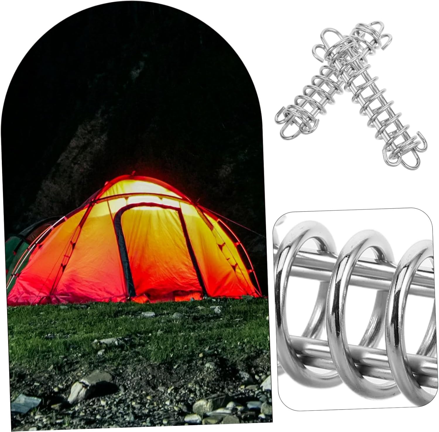 Close-up of a spring buckle next to a tent at night, showing its robust construction