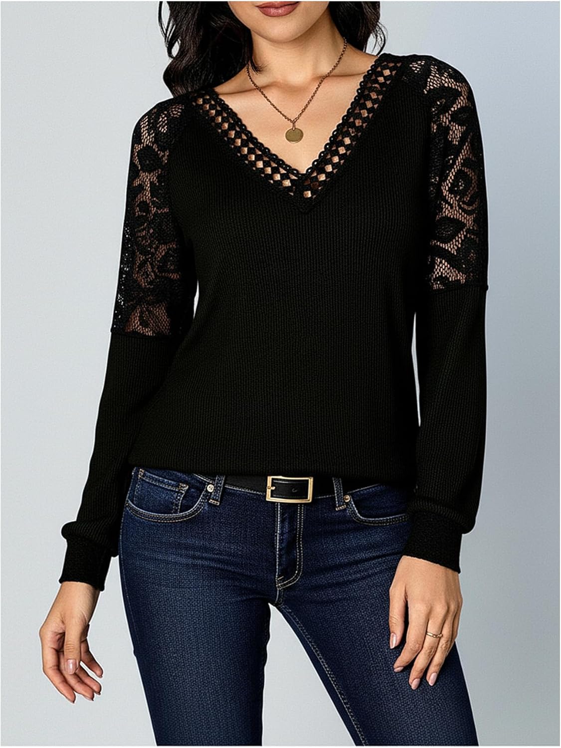 Women's Elegant Lace Long Sleeve Tops Fall V Neck Dressy Casual Work Office Blouses - Image 3