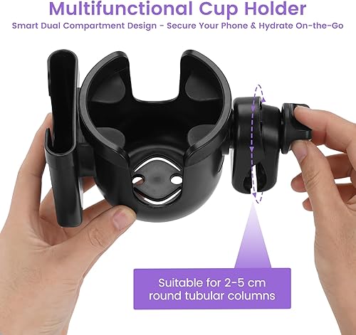 Miniatura 4 de Soporte para taza y teléfono 2 en 1, ajuste universal para cochecitos, scooters de movilidad y sillas de ruedas, rotación de 360, abrazadera