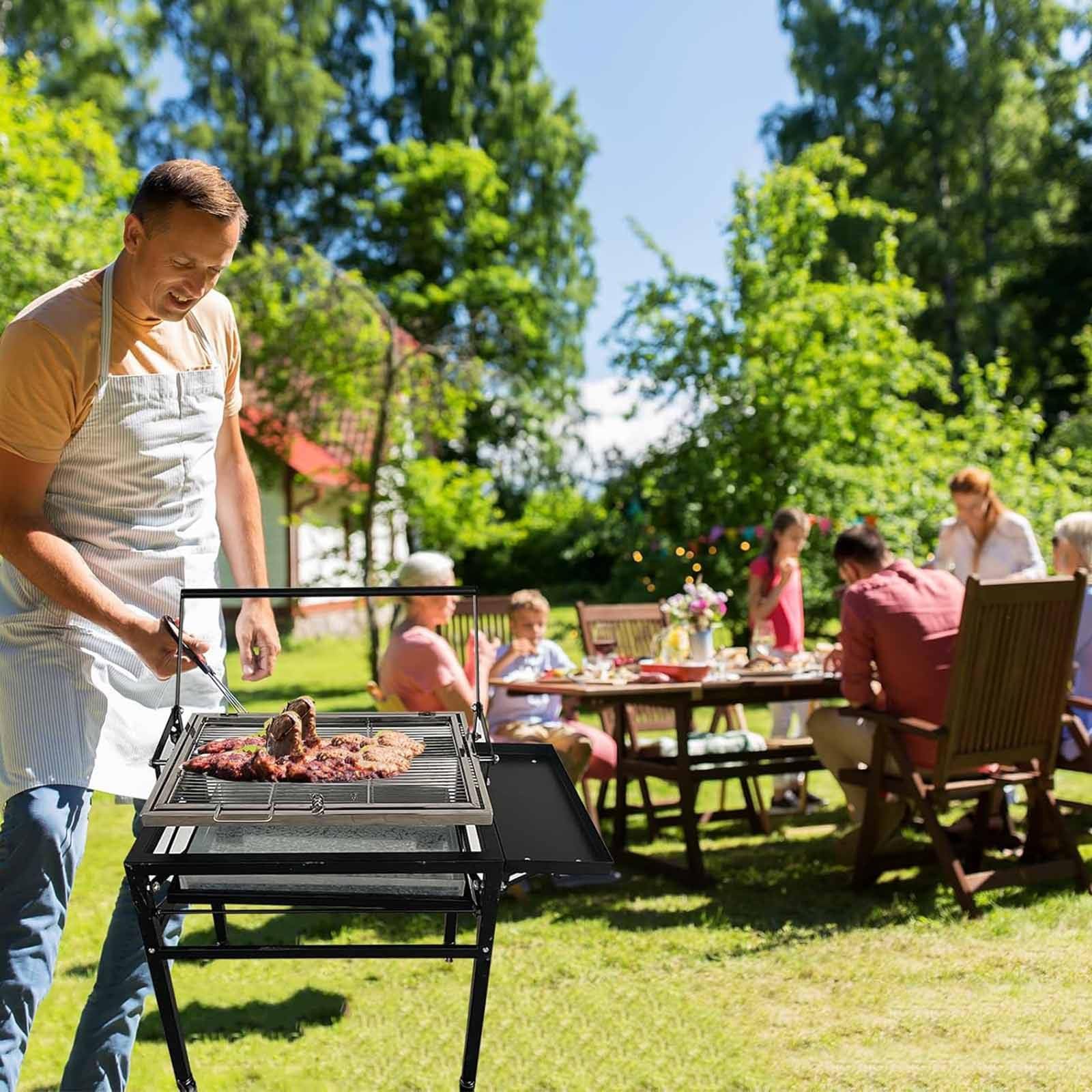 Grill węglowy z wózkiem, wytrzymały kwadratowy grill zewnętrzny, wyjmowany, obrotowy ruszt do gotowania o 360 stopni, stojący grill do gotowania z kółkami do biwakowania