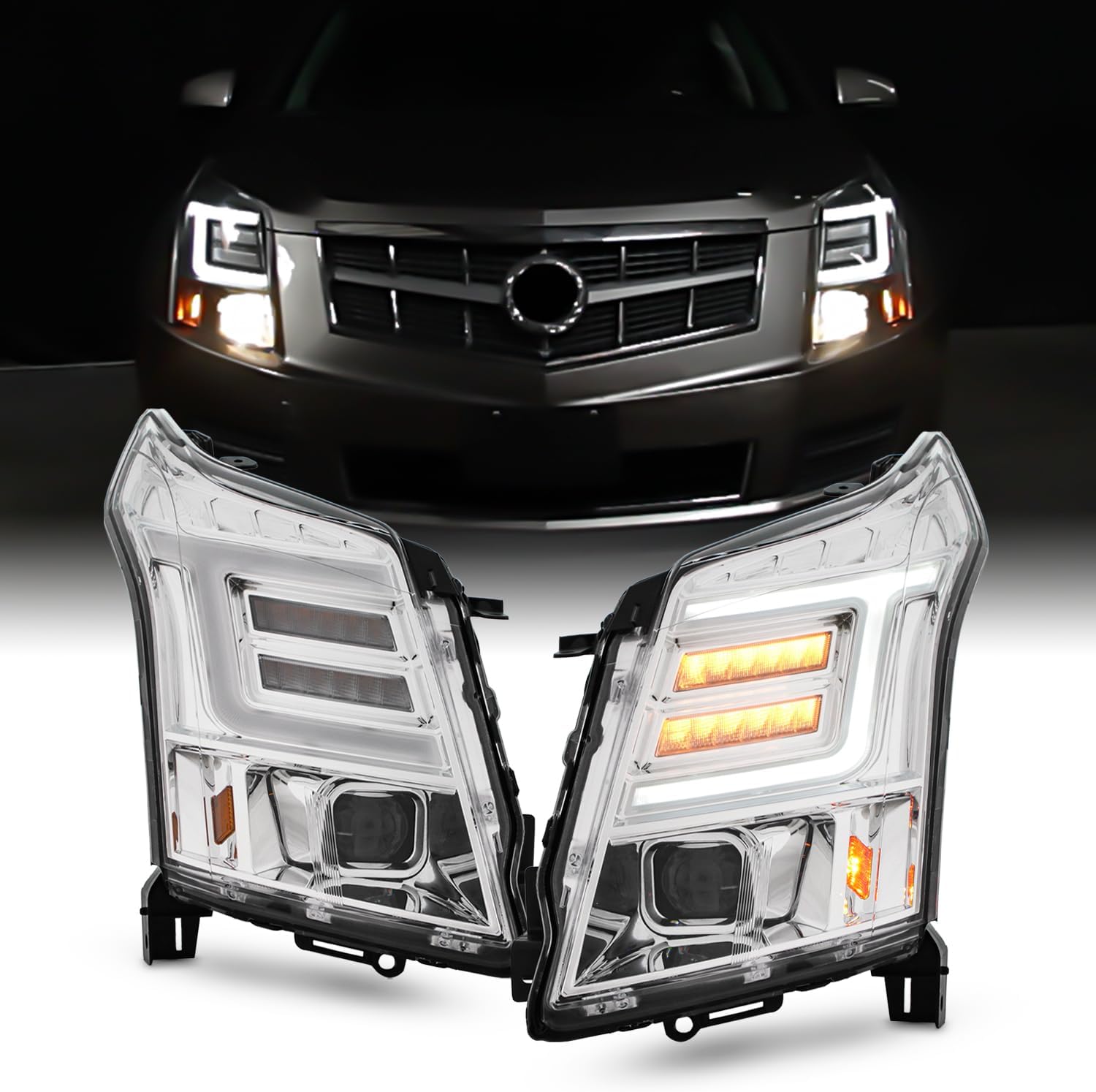 AKKON - Fit 2010-2014 Cadillac SRX Full LED Projector Headlights w/DRL Tube and Sequential Signal Headlamp - Glossy Black for Driver and Passenger Sides