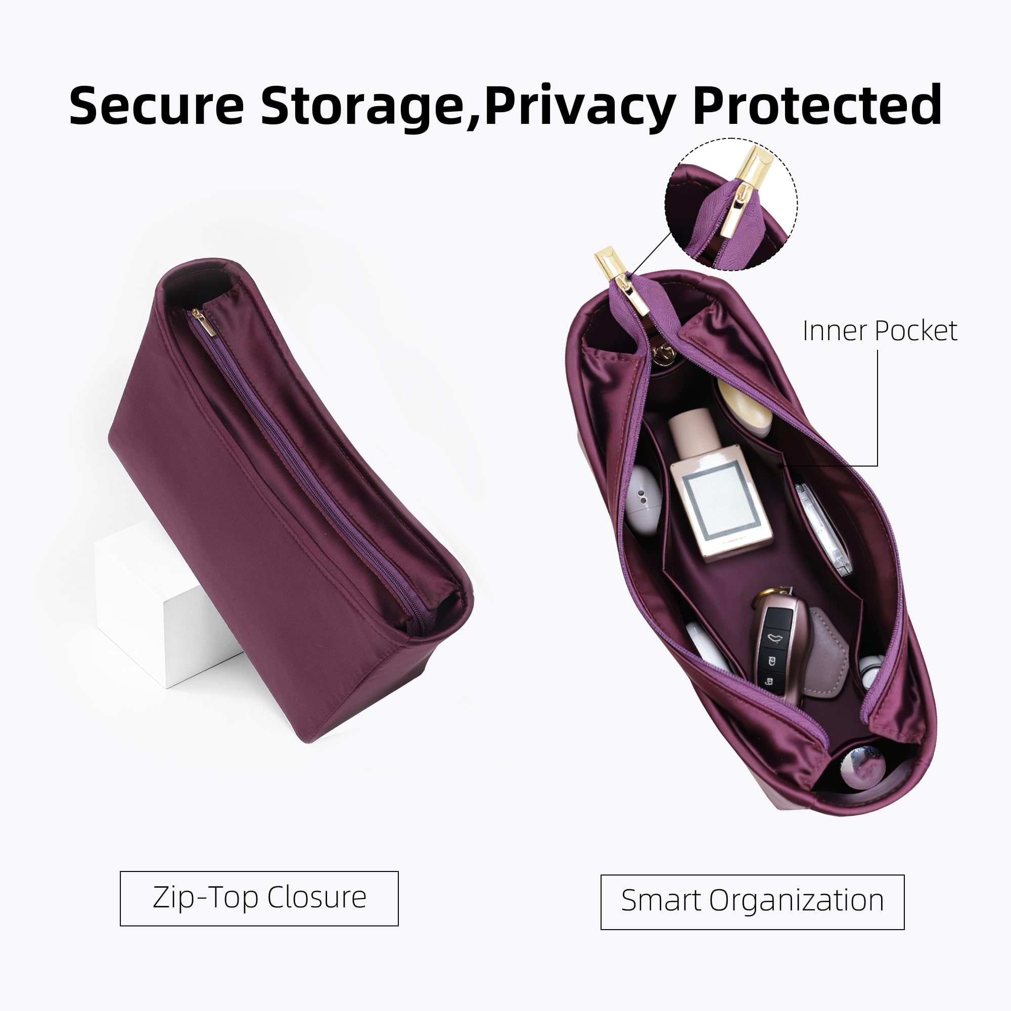 DGAZ Organizador de bolso de satén para Carryall BB/PM/MM – con cierre superior de cremallera, inserto interior ligero y suave, con protección completa (Cassis, BB)