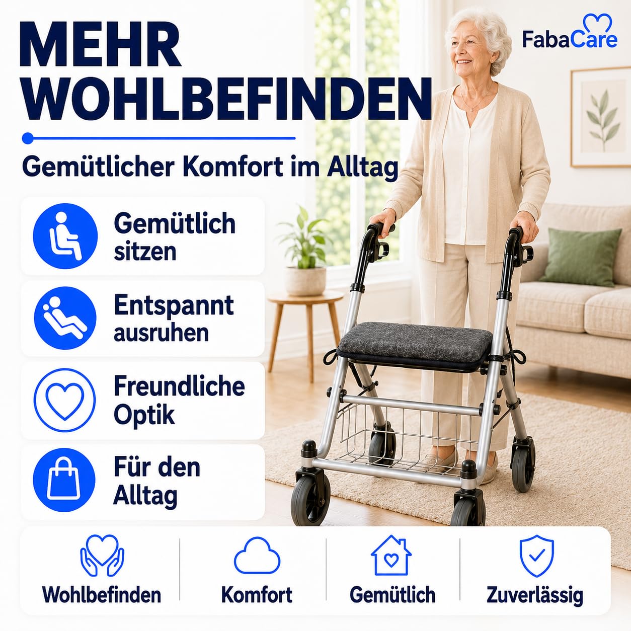 FabaCare Rollator Sitzpolster 40x20 cm Anthrazit | 100 % Schurwolle-Sitzkissen mit 2 Befestigungsbändern, Schaumstoffkern, atmungsaktiv, bequem & bei 30 °C waschbar