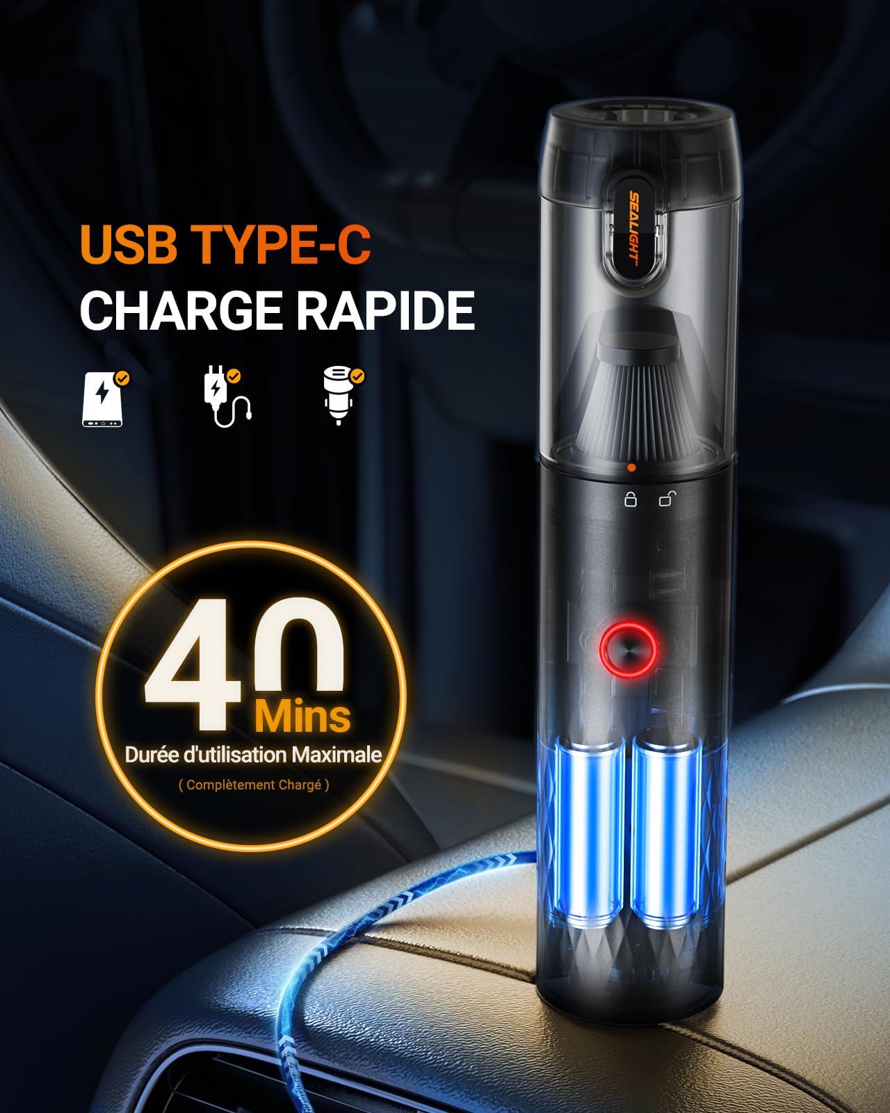 SEALIGHT Aspirador de Mano, 18000pa Aspirador Coche Potente, 2 Niveles de Succión, 40 Minutos de Autonomía, 9 En 1 Aspirador Y Soplador (Negro)