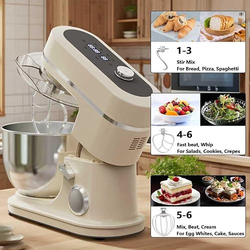 Miniatura 7 de Mezclador de pie de 900 W, mezcladores de masa de cocina de 8 cuartos de galón, pantalla táctil LED, velocidad ajustable, mezcladores domésticos