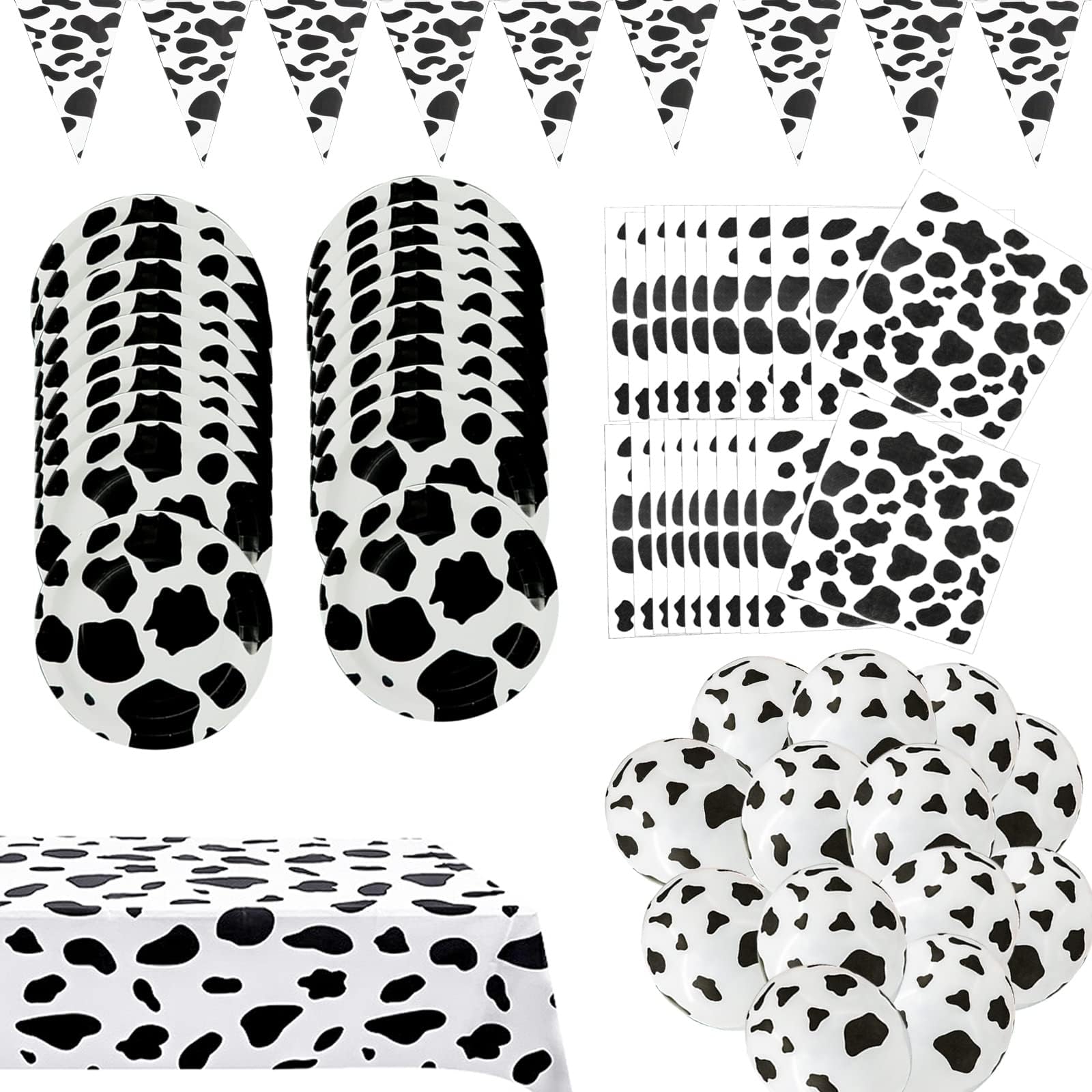 PongPengfir Cow Print Party Supplies, Cow Print Plates Balloons Napkins Tablecloth Cow Party Decorations Farm Animal Birthday Party Supplies for 20 Guests