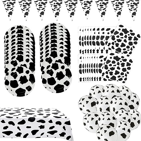 PongPengfir Cow Print Party Supplies, Cow Print Plates Balloons Napkins Tablecloth Cow Party Decorations Farm Animal Birthday Party Supplies for 20 Guests